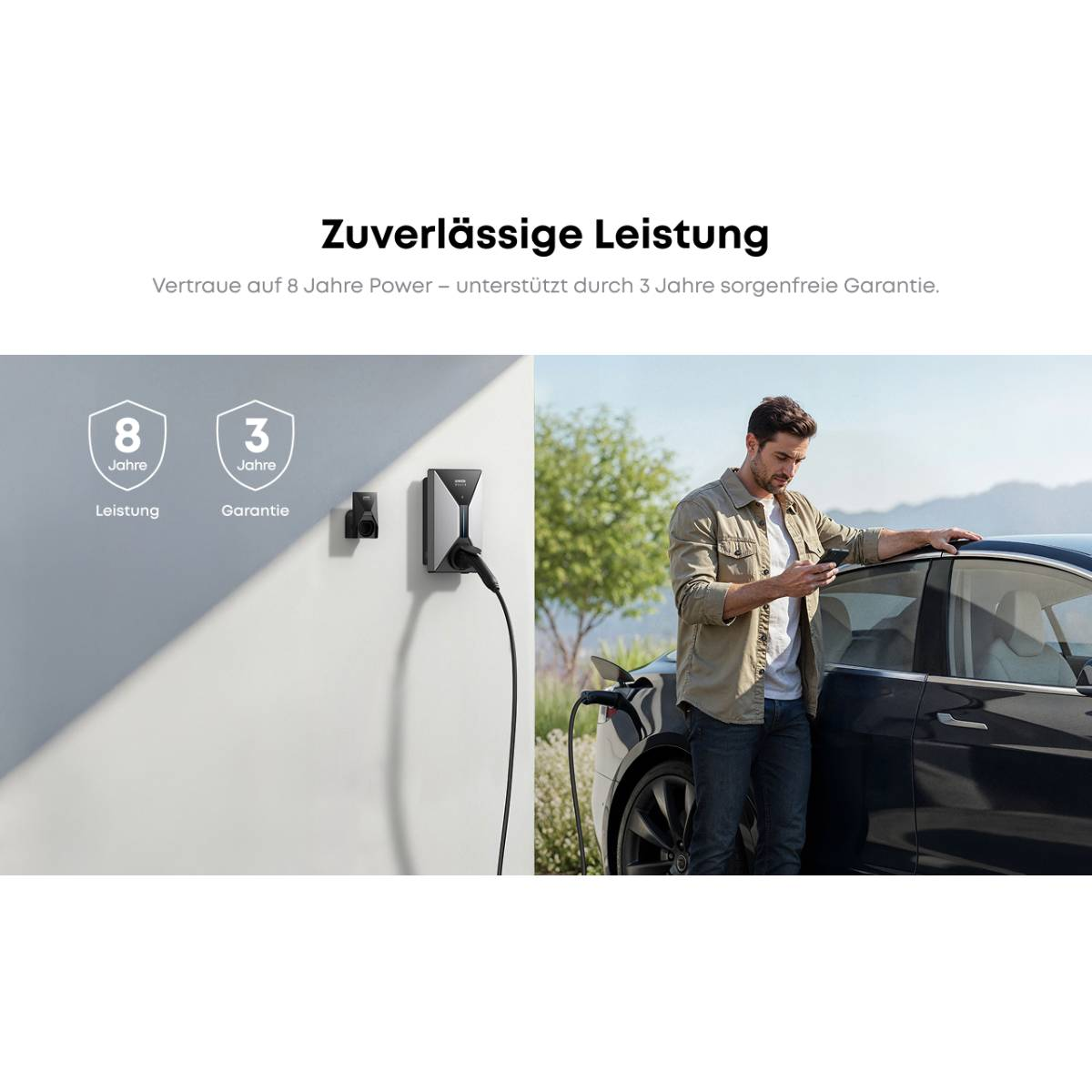 Ein Mann steht an einem ladenden schwarzen Auto und benutzt sein Telefon. Ein Ladegerät ist an einer Wand montiert.
