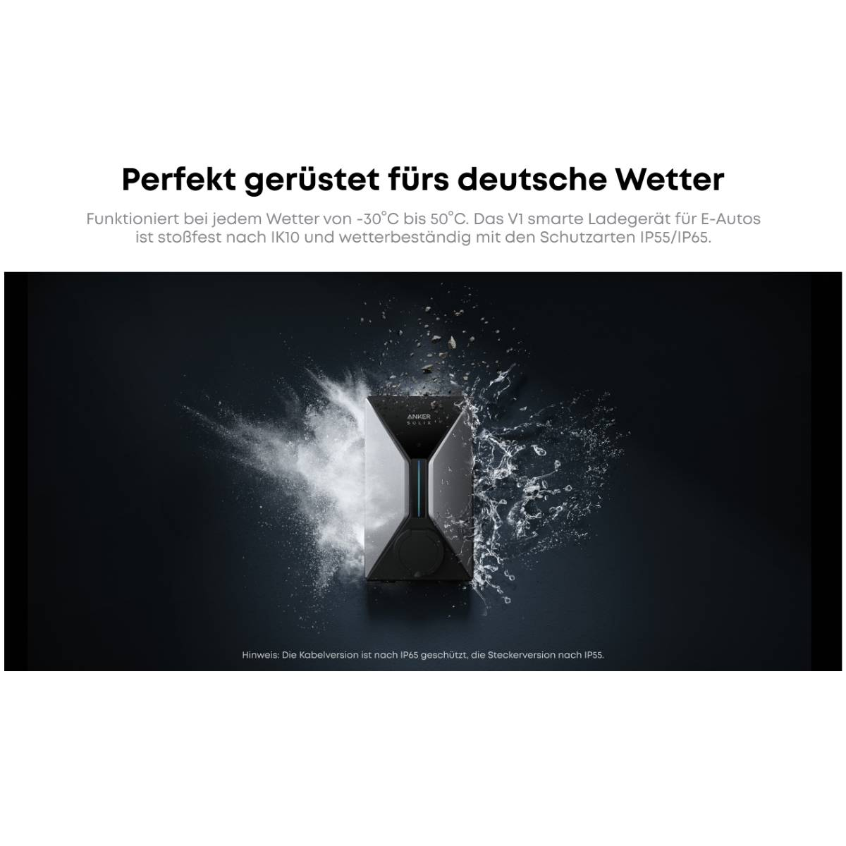Ein Ladegerät für Elektroautos mit Anker-Logo, umgeben von Wasser und einer weißen wolkenartigen Substanz, auf dunklem Hintergrund.