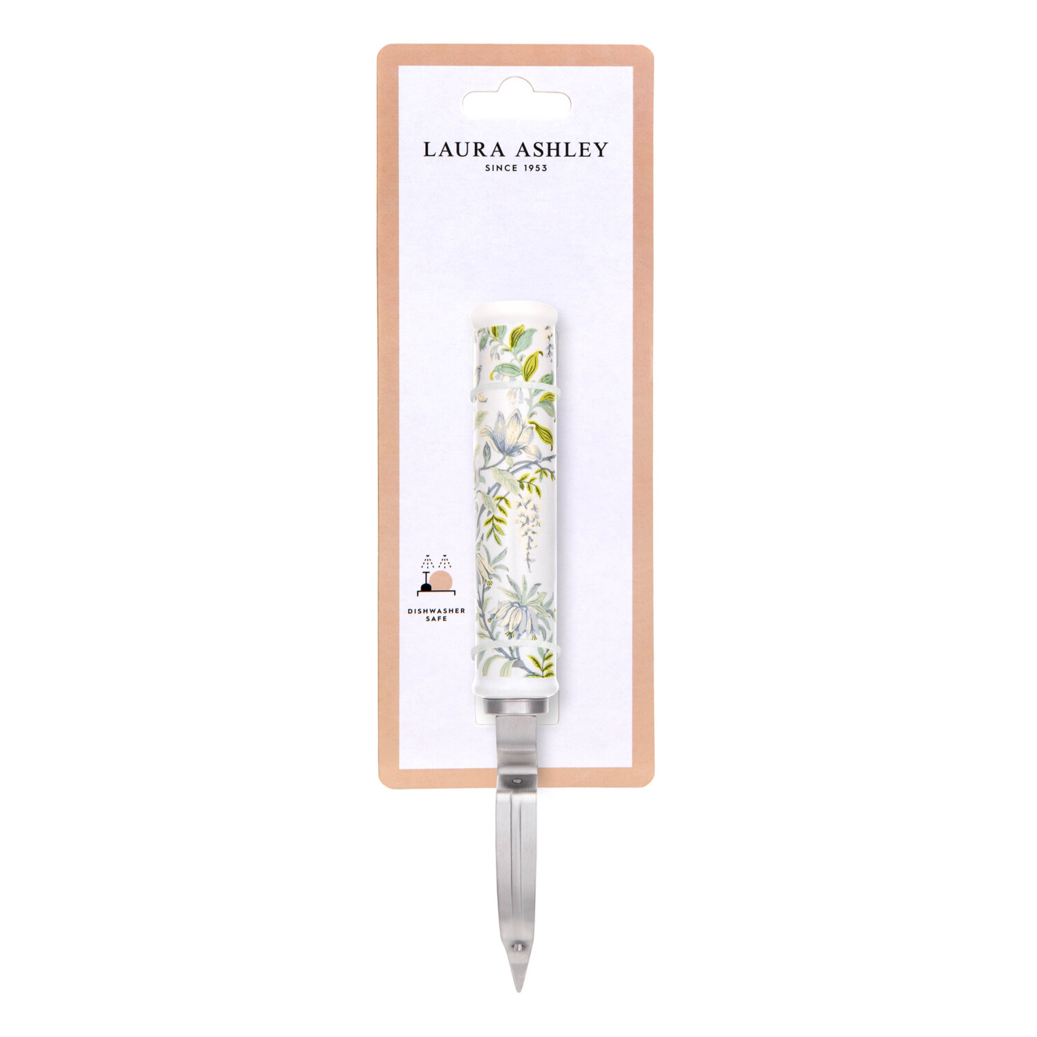 Ein Laura Ashley Kräuter-Stripper auf einer weißen Karte. Der Stripper hat einen floralen Griff und eine silberne Klinge. Die Karte ist hellbraun.