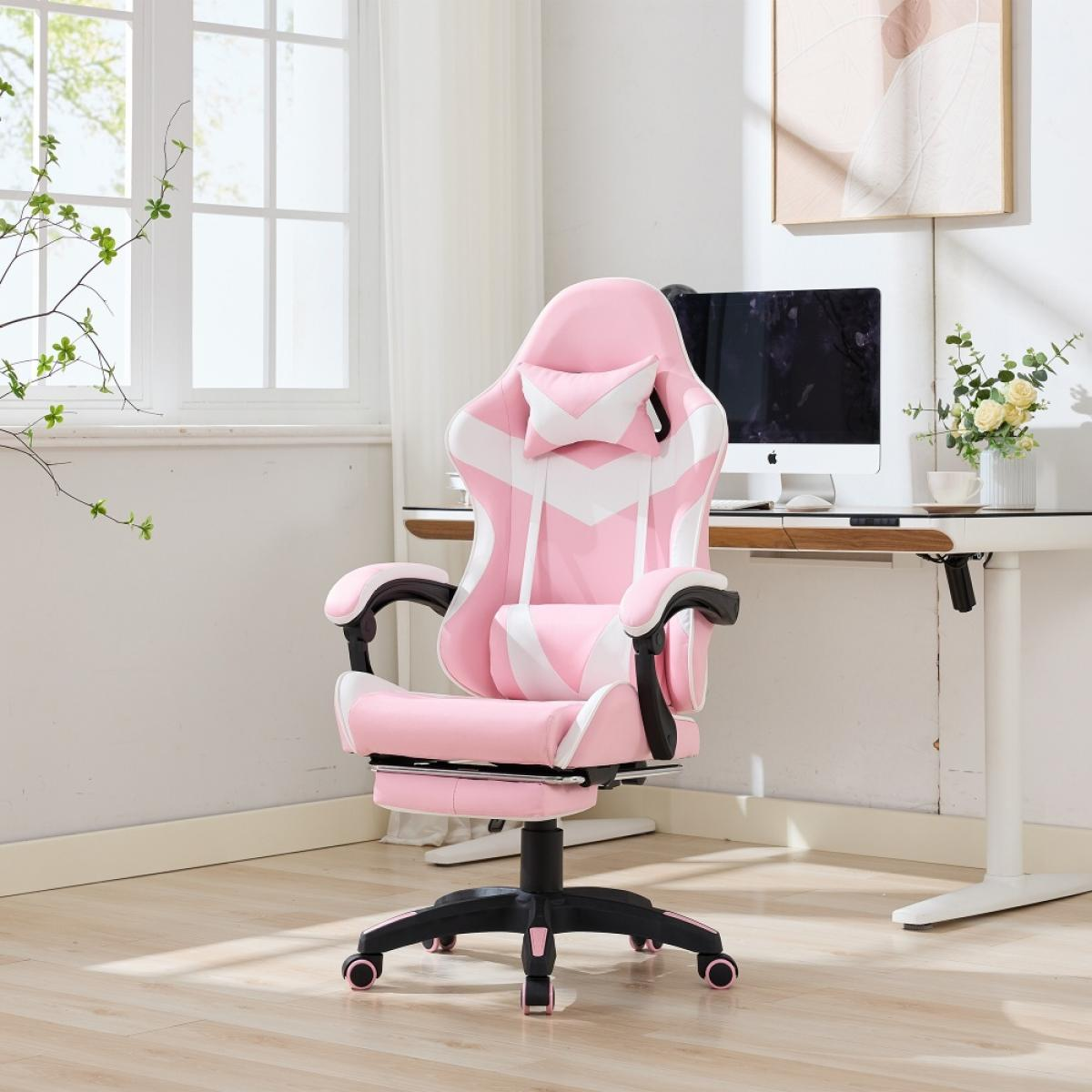 Ein rosa-weißer Gaming-Stuhl steht in einem Raum. Hinter dem Stuhl befindet sich ein Schreibtisch mit einem Computer. An der Wand befinden sich ein Fenster und Kunst.