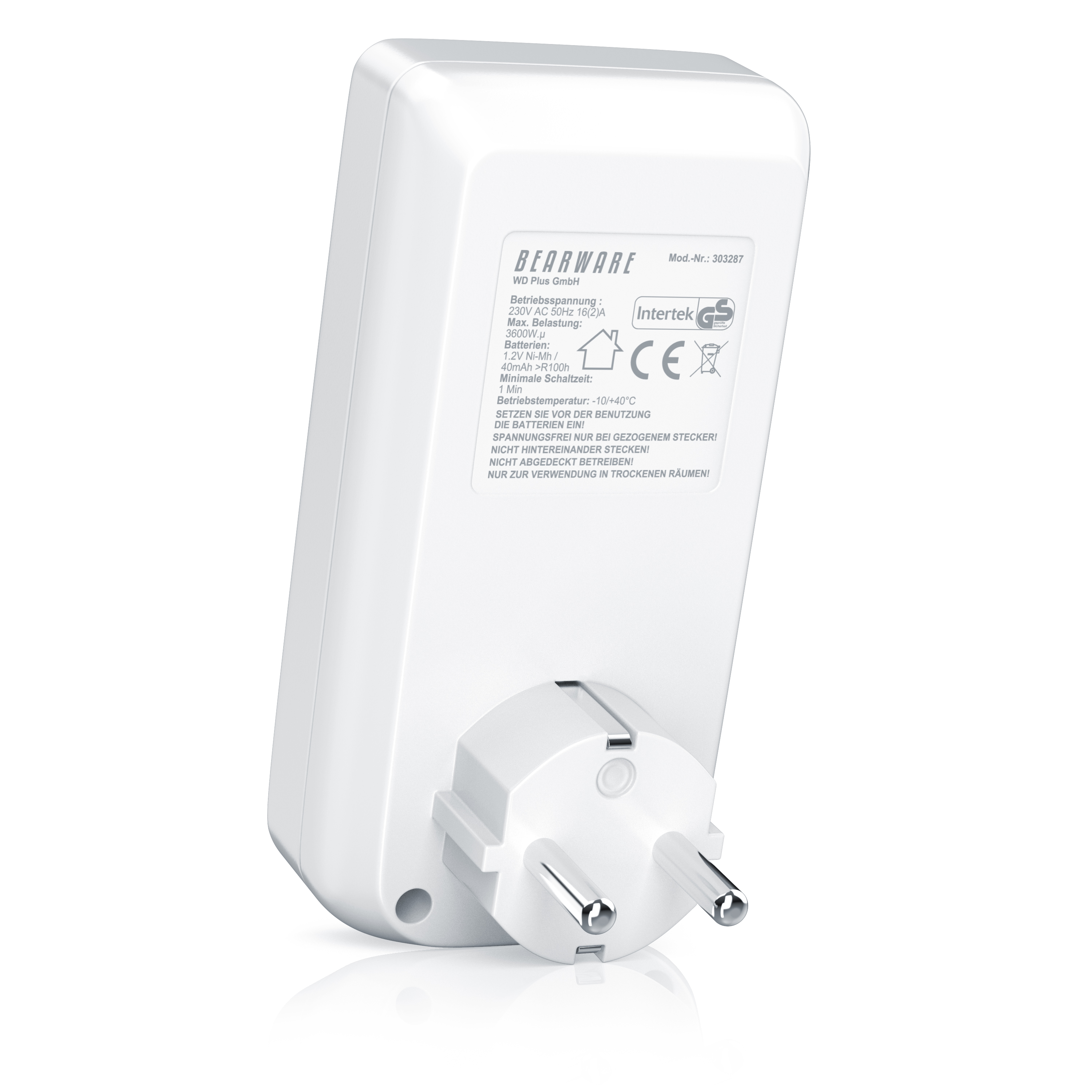 Weißer Netzadapter mit Stecker. Es hat ein Etikett mit Text und Symbolen. Der Hintergrund ist weiß.