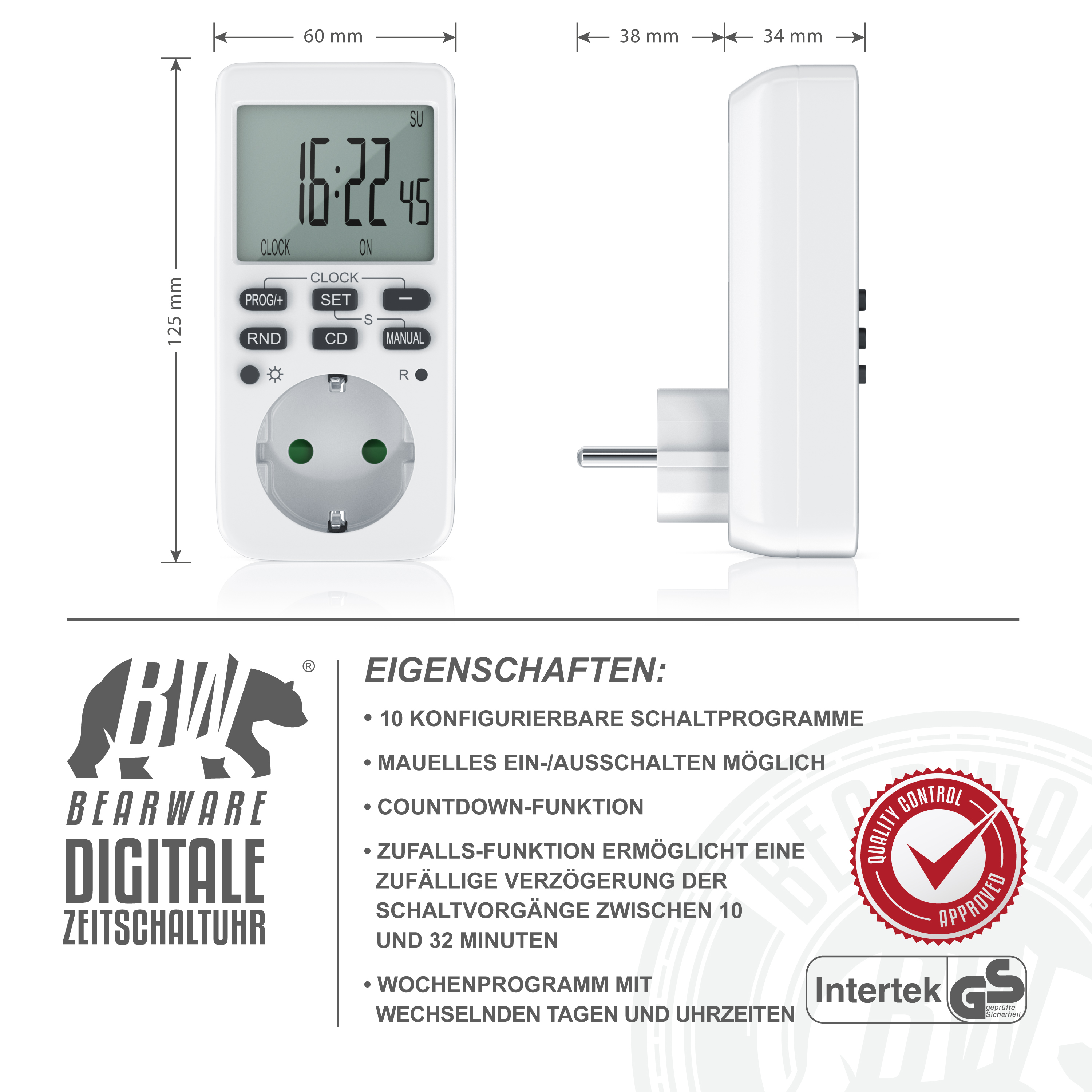 Ein weißer digitaler Timer mit Display, Knöpfen und Stecker. Maße sind beschriftet. Text sagt Bearware und Eigenschaften.