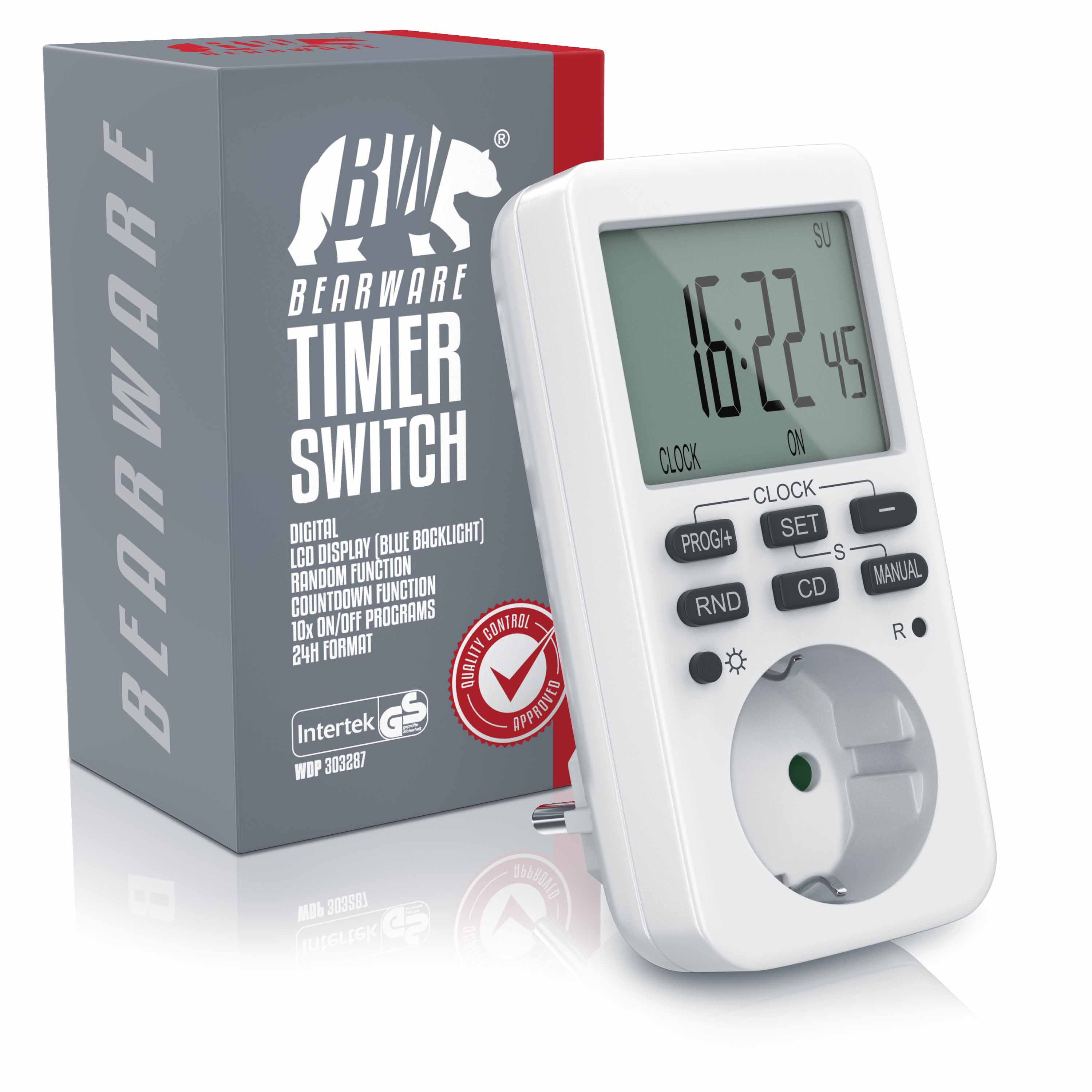 Ein weißer Zeitschalter mit Digitalanzeige. Dahinter eine graue Box mit der Aufschrift Bearware Timer Switch.