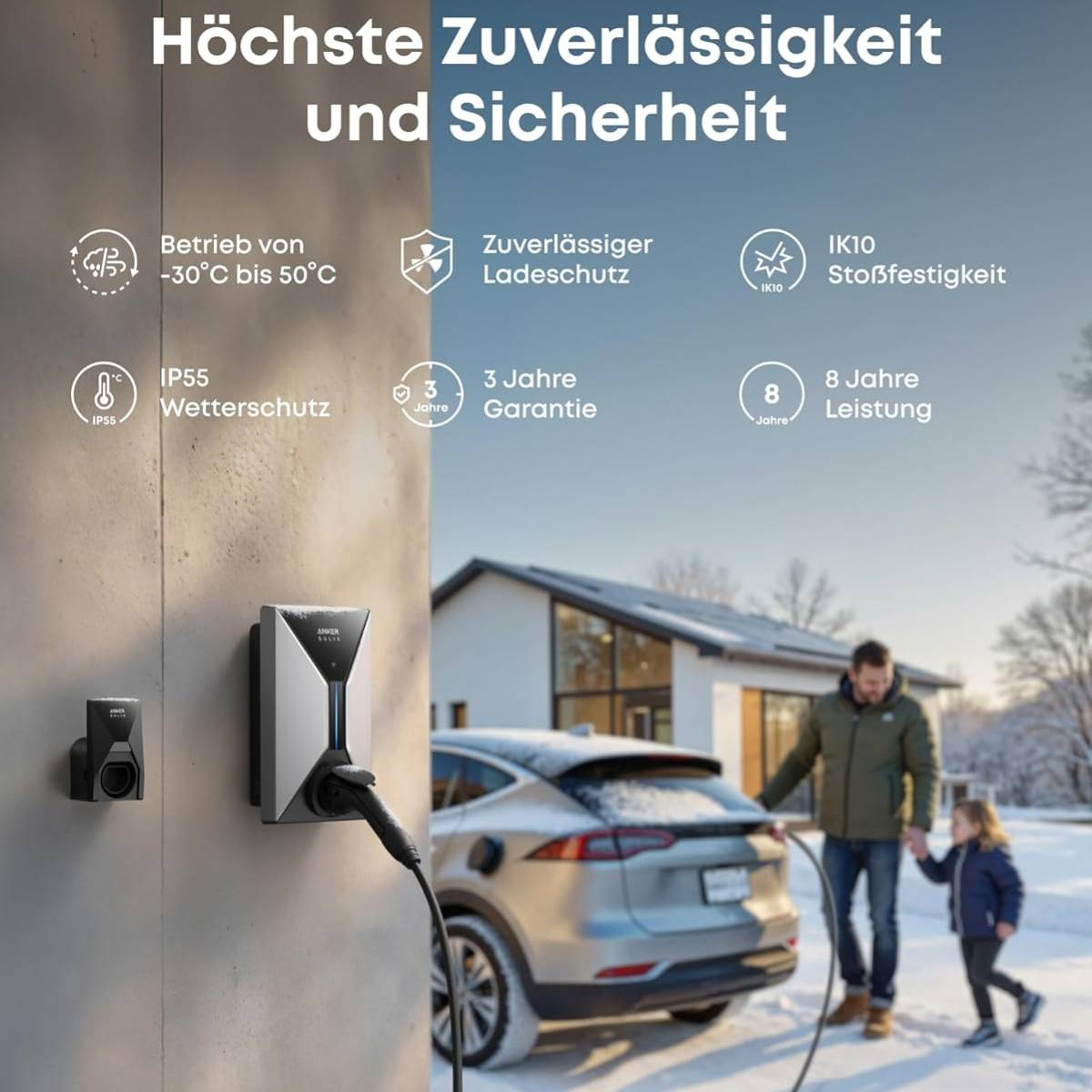 Ein Elektroauto wird geladen. Ein Mann und ein Kind stehen da. Im Hintergrund ist ein Haus. Das Ladegerät ist an der Wand.