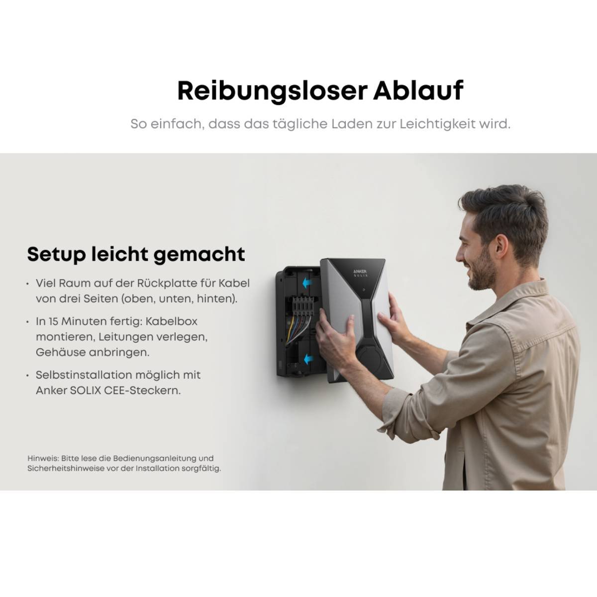 Ein Mann installiert eine Ladestation an einer Wand. Die Station ist schwarz und silber. Text erklärt einfache Einrichtung und Selbstinstallation.