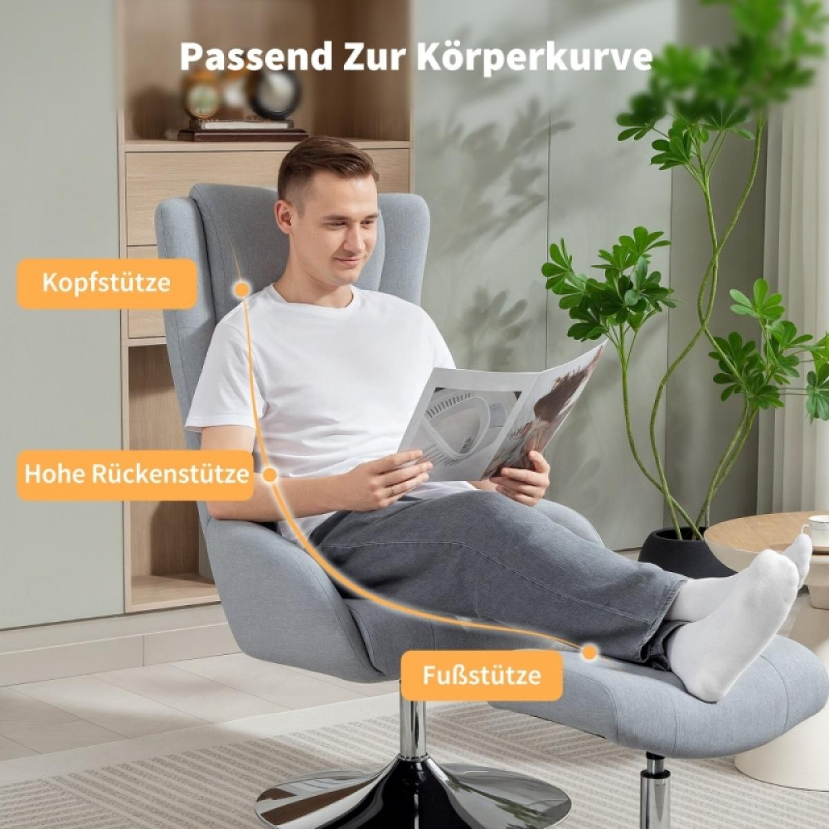 Mann in grauem Stuhl liest, Füße auf Fußstütze. Etiketten weisen auf Kopf-, Rücken- und Fußstütze. Pflanze und Schrank im Hintergrund.