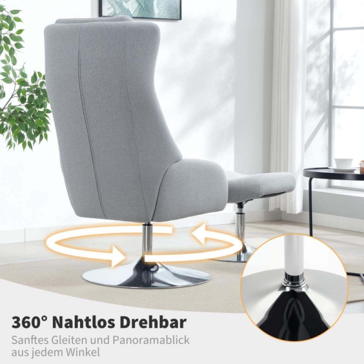 Ein grauer Drehsessel mit Fußstütze. Er hat ein verchromtes Gestell und steht auf einem hellen Teppich. Rechts steht ein kleiner schwarzer Tisch.