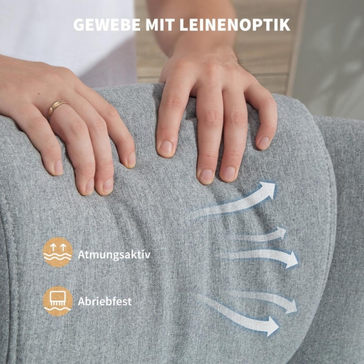 Hände auf grauem Stoff, Pfeile zeigen die Atmungsaktivität an. Text: Gewebe mit Leinenoptik. Symbole für atmungsaktiv und abriebfest.
