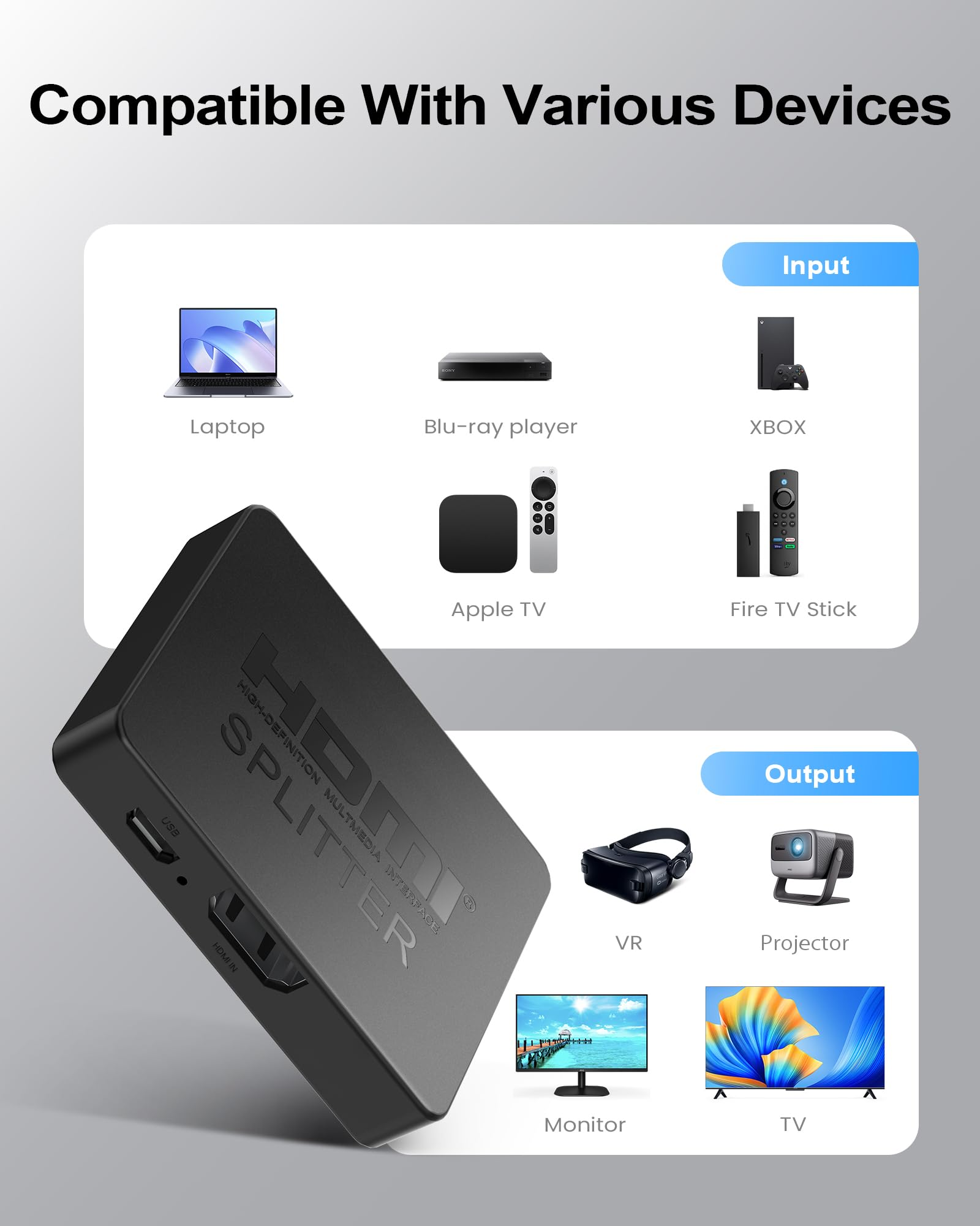 Das Bild zeigt einen HDMI-Splitter mit kompatiblen Geräten wie Laptop, Blu-ray, Xbox, Apple TV und Fire TV Stick.