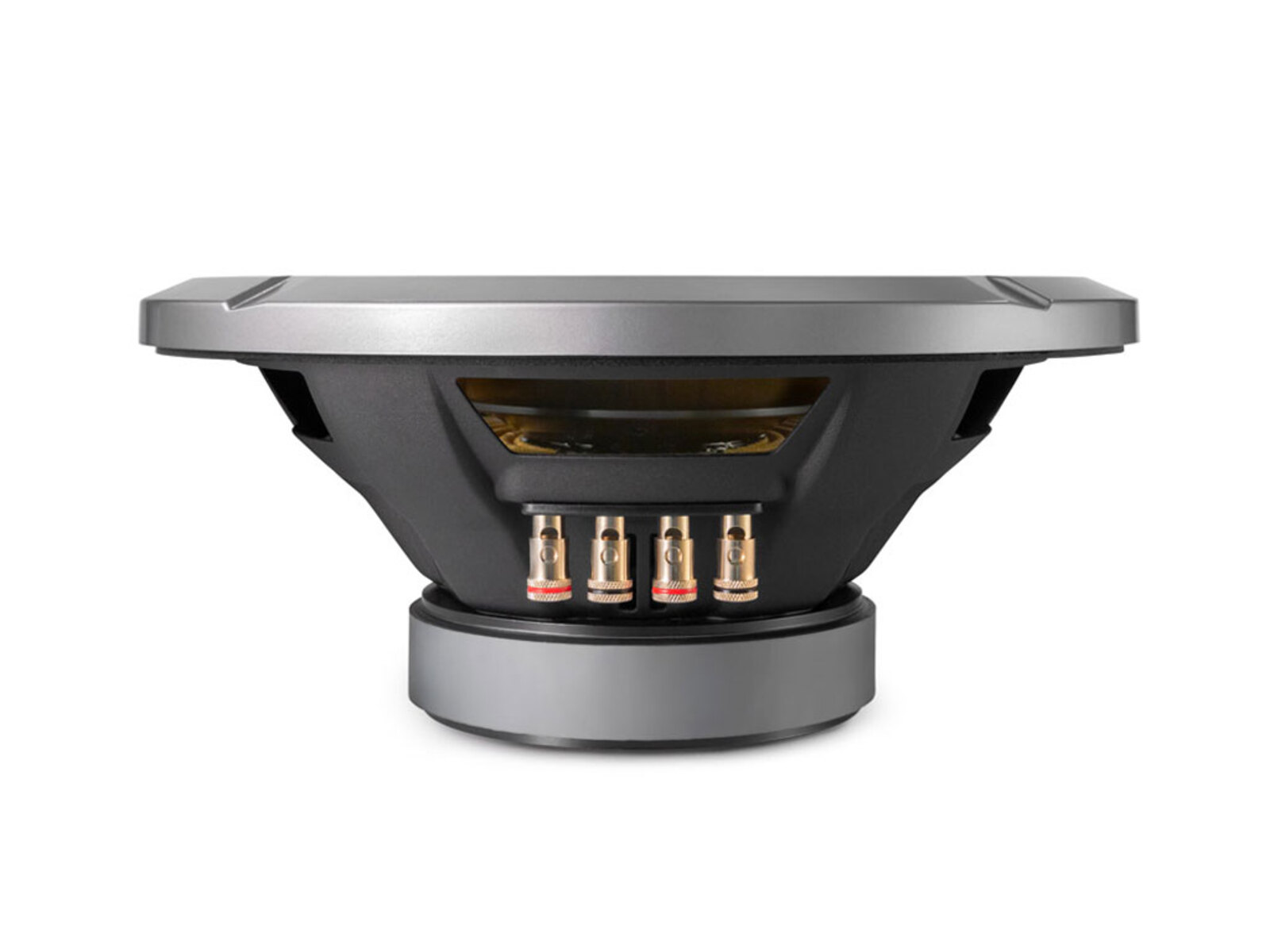 Ein Subwoofer-Lautsprecher mit silbernem Rahmen und schwarzem Gehäuse. Am Boden sind vier Anschlüsse sichtbar. Der Hintergrund ist weiß.