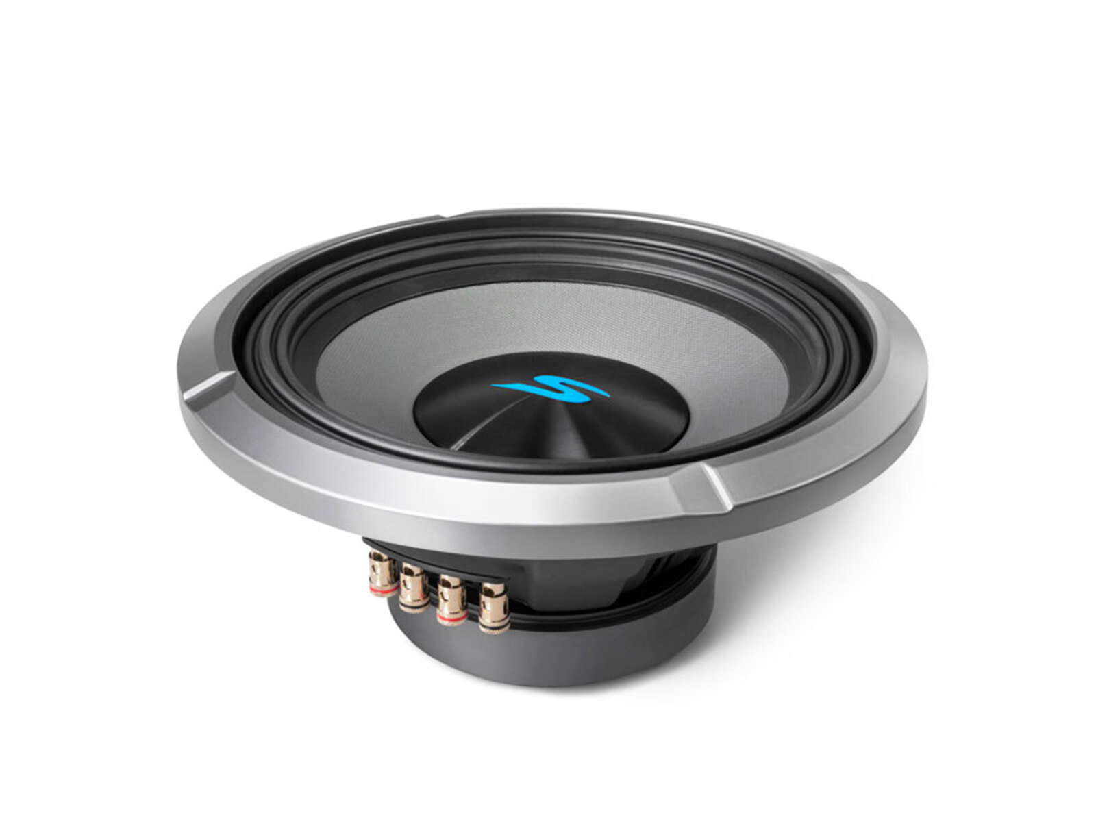 Ein grauer Subwoofer mit schwarzem Zentrum und blauem Logo. Er hat silberne Zierleisten und vier goldfarbene Anschlüsse.