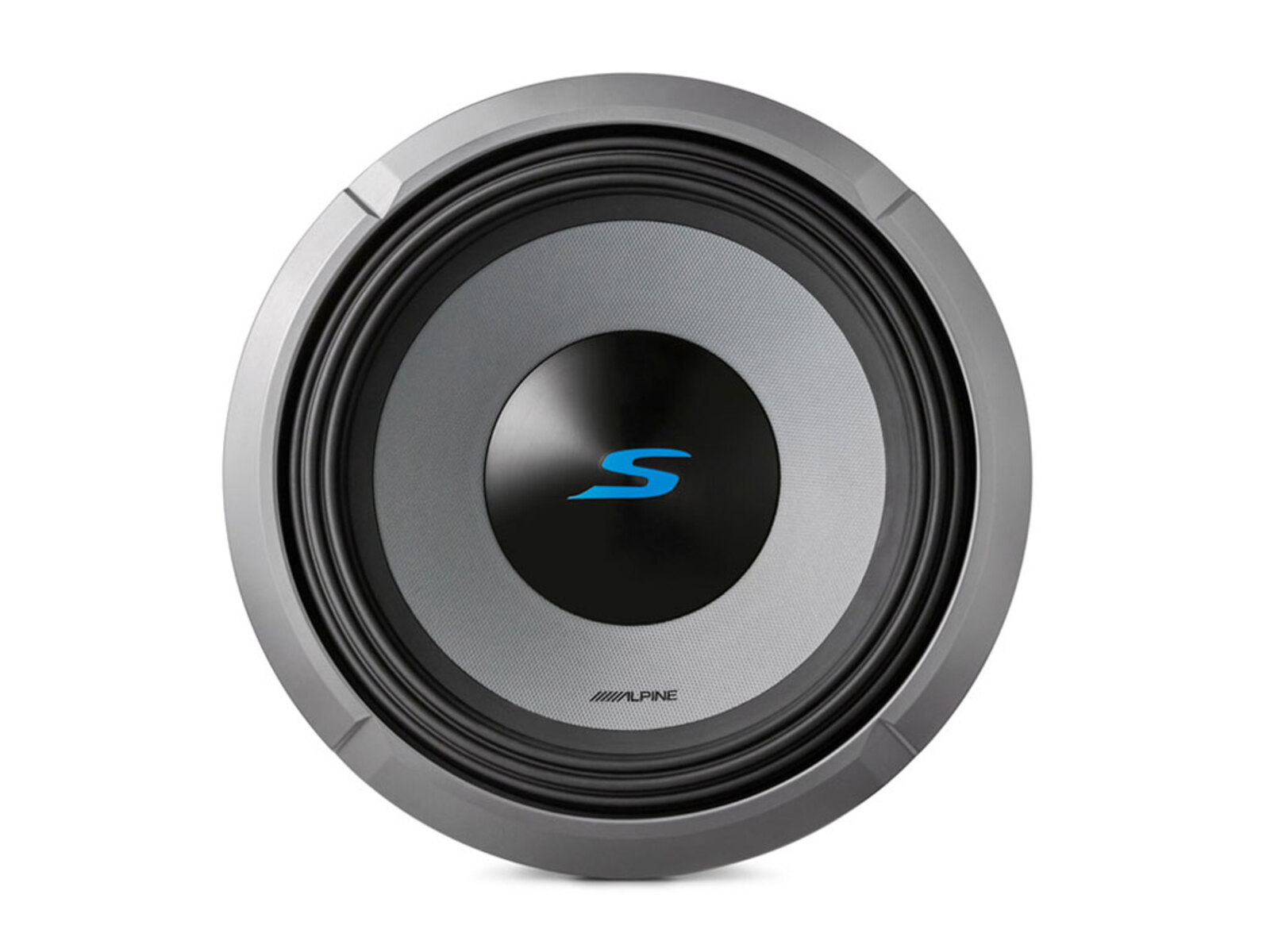 Ein runder Auto-Subwoofer mit silbernem Rahmen, schwarzem und grauem Lautsprecher und blauem 'S'-Logo.