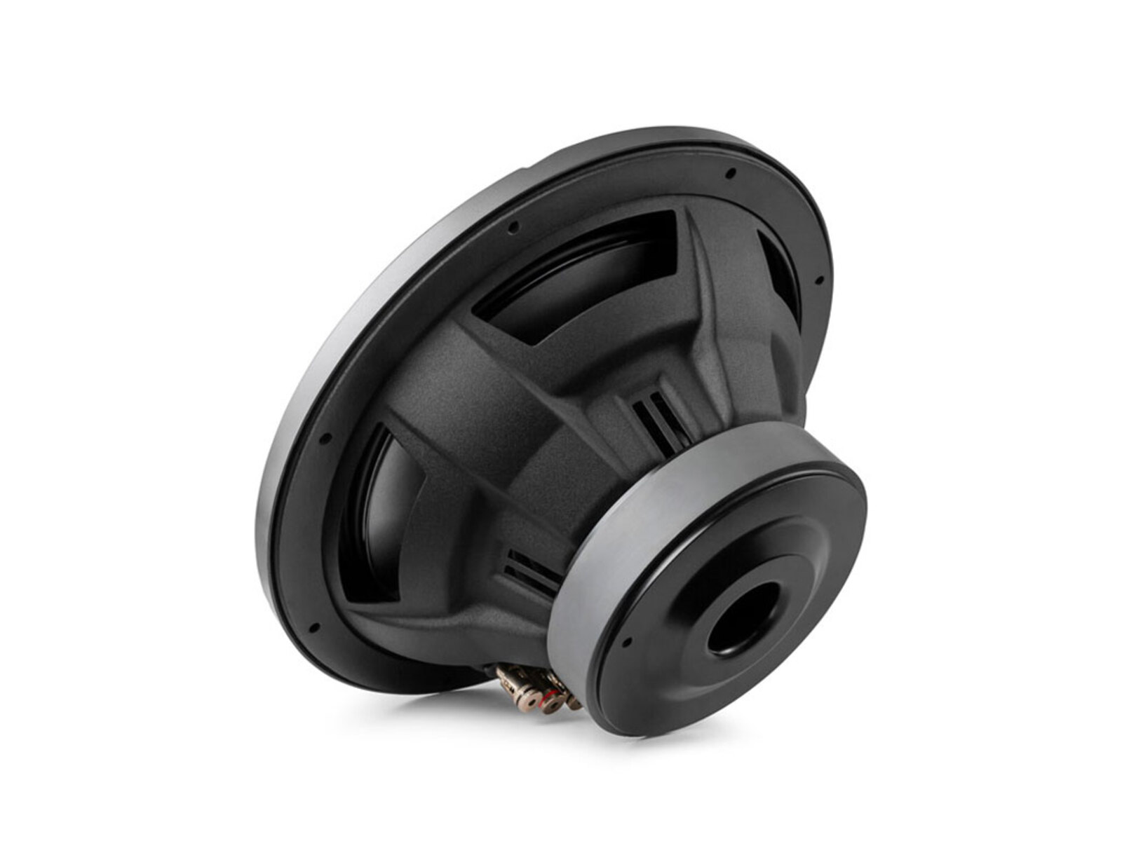 Ein schwarzer Subwoofer-Lautsprecher, der nach rechts vor einem weißen Hintergrund abgewinkelt ist. Er hat eine kreisförmige Form mit sichtbaren Innenteilen.