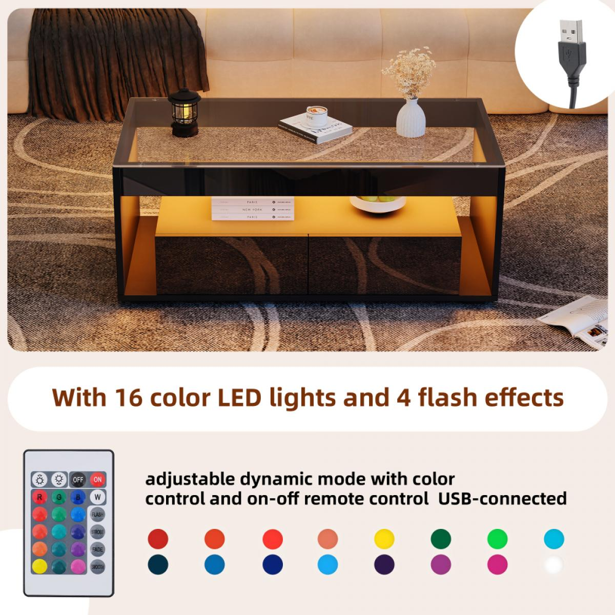 Ein moderner Couchtisch mit LED-Beleuchtung. Er hat eine Glasplatte, einen schwarzen Rahmen und eine Fernbedienung.