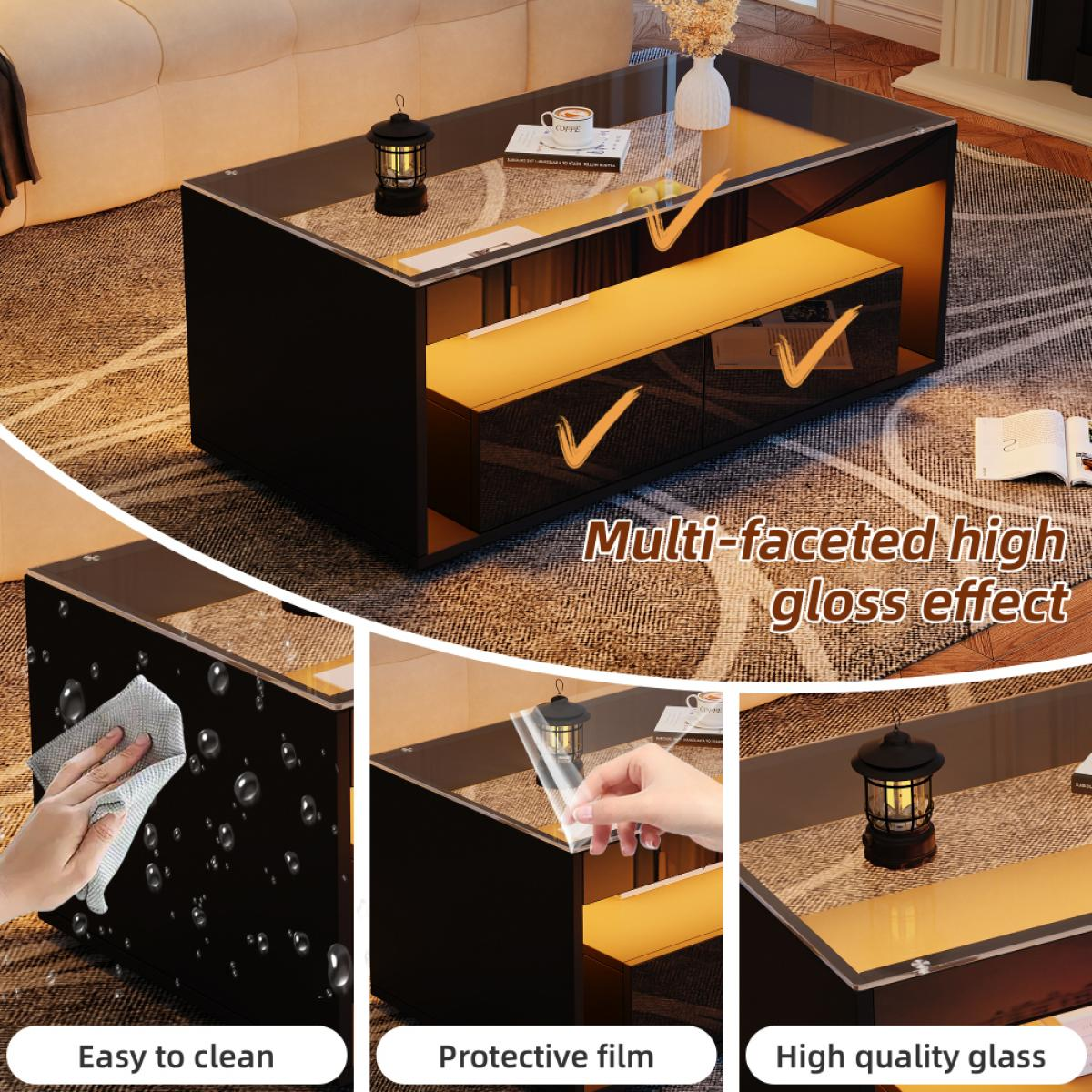 Ein moderner schwarzer Couchtisch mit Glasplatte. Er hat einen Hochglanzeffekt und ist leicht zu reinigen. Schutzfolie und hochwertiges Glas.