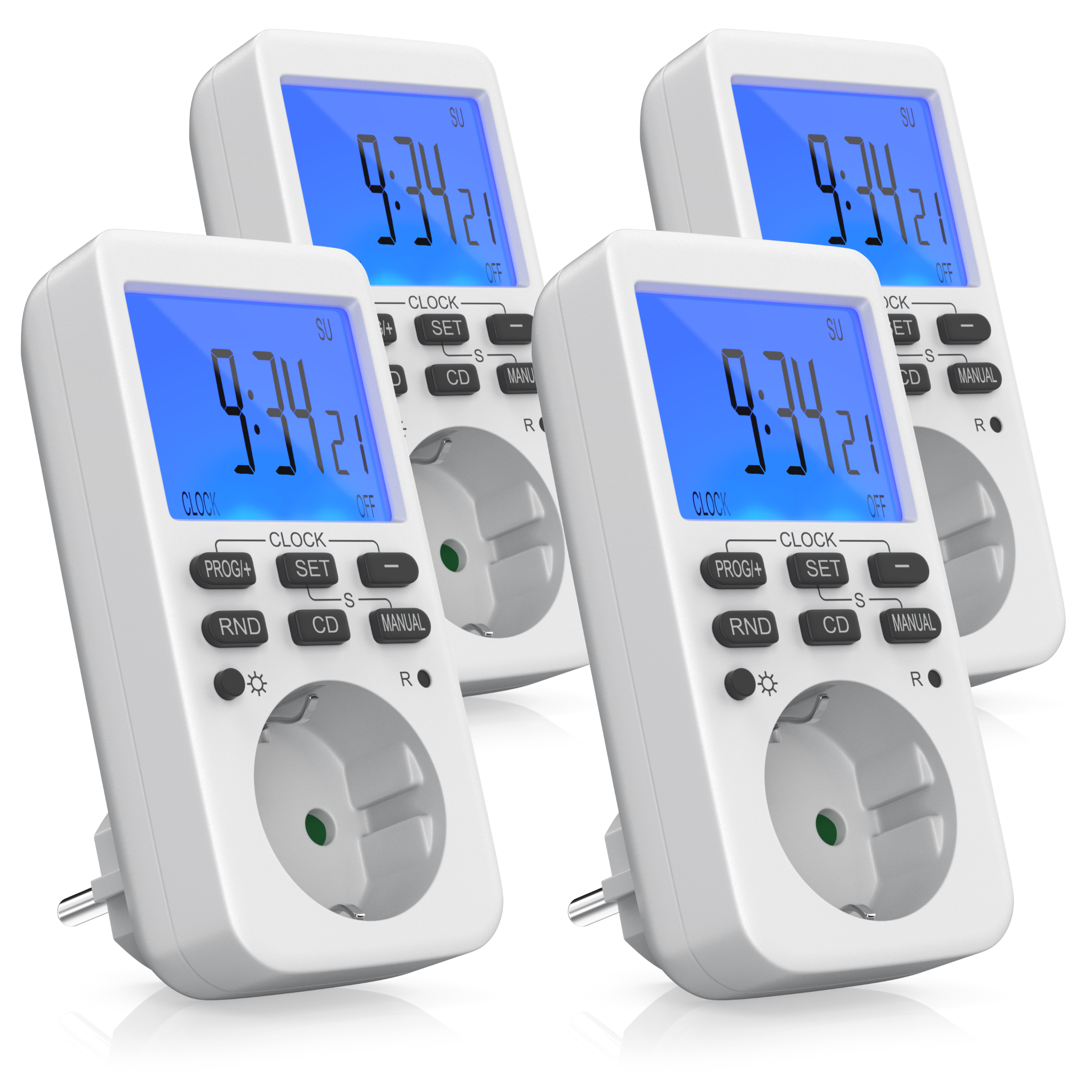 Vier weiße digitale Timer mit der Anzeige 9:34:21. Jeder hat einen blauen Bildschirm, Knöpfe und einen Stecker.