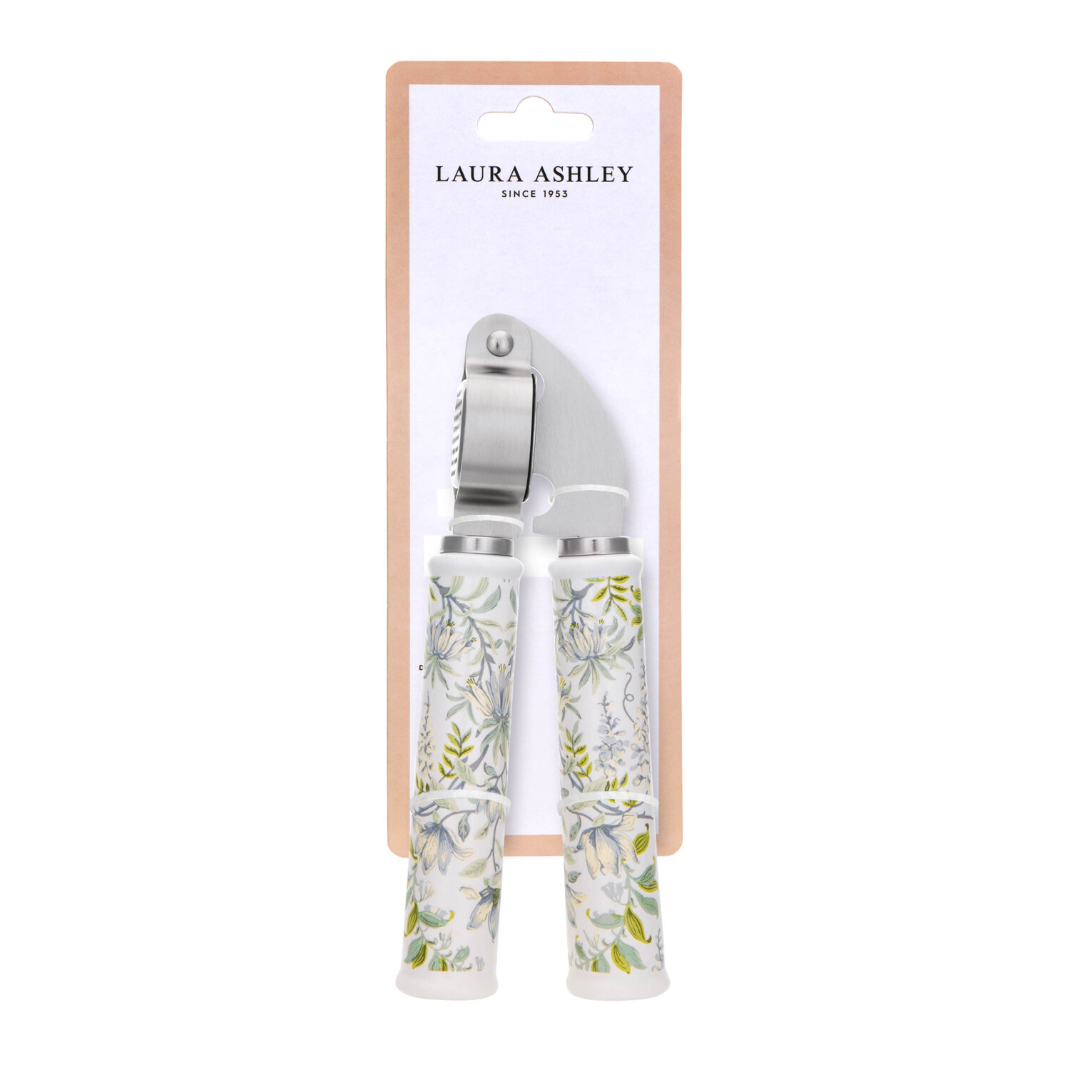 Eine Knoblauchpresse von Laura Ashley auf einer Kartonrückseite. Griffe mit floralen Mustern. Edelstahlpresse mit weißem Hintergrund.