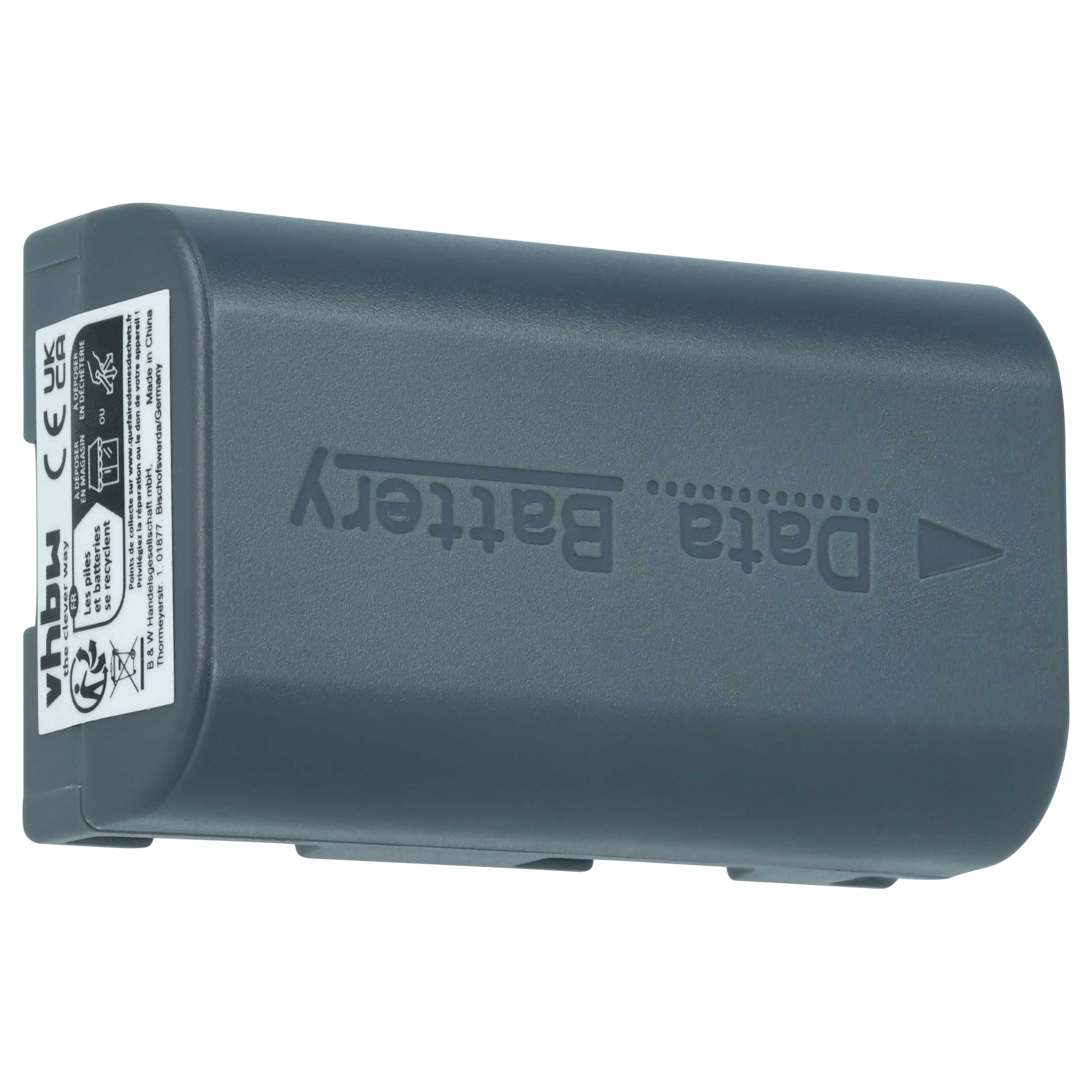 Ein grauer, rechteckiger Akku mit Text, Logos und der Aufschrift 'Data Battery' auf weißem Hintergrund.