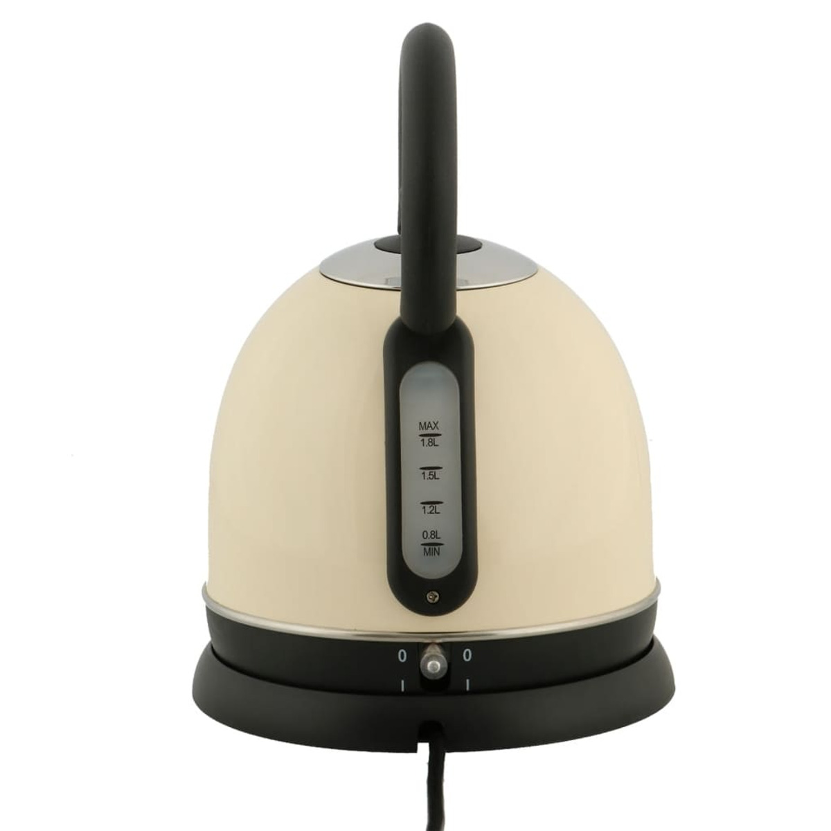 Un bollitore elettrico color crema con manico, base e indicatore del livello dell'acqua neri. Ha un cavo di alimentazione e si trova su sfondo bianco.