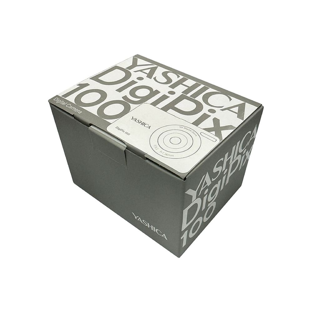 A gray box of Yashica DigiPix 100 digital camera is on a white background. The box displays the brand and product name.