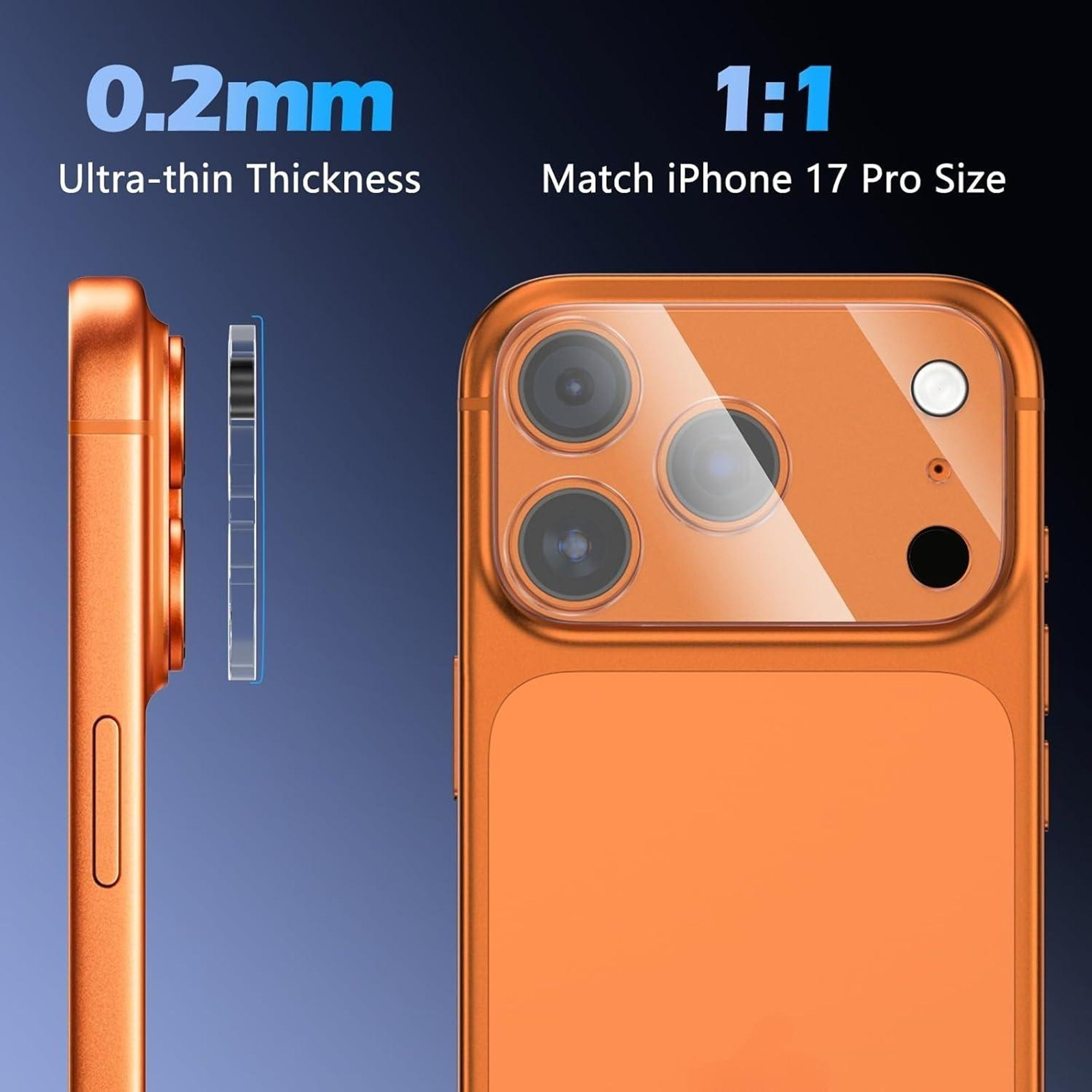 Das Bild zeigt ein oranges iPhone 17 Pro mit einer dünnen Displayschutzfolie. Text weist auf ultradünne Dicke und 1:1-Passung hin.