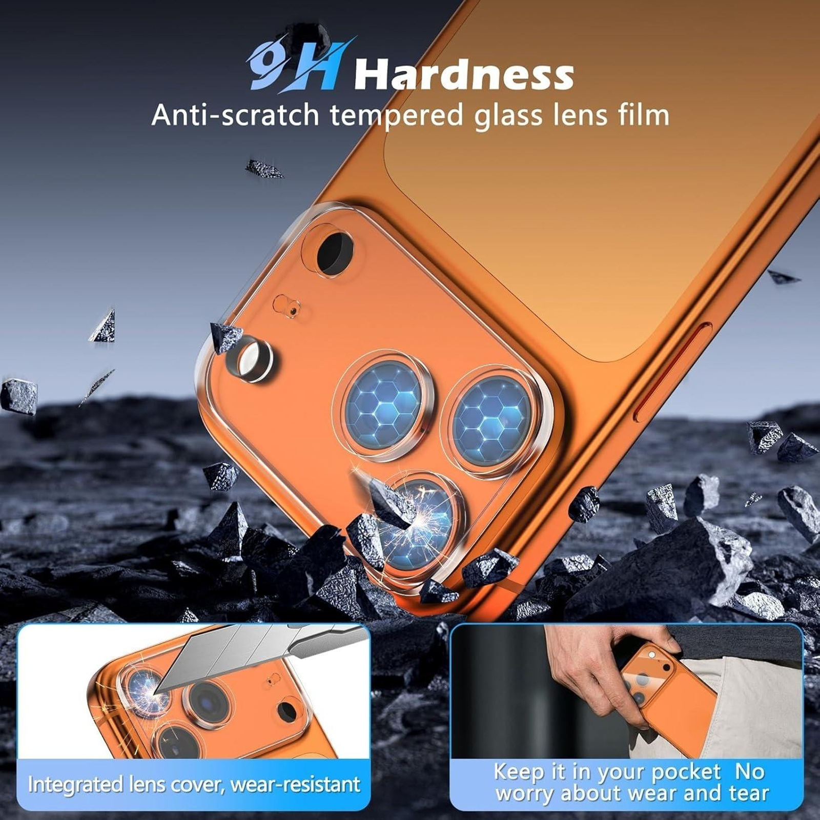 Ein orangefarbenes Telefon mit Linsenschutz, umgeben von Steinsplittern, mit Text über Härte und Abnutzung.