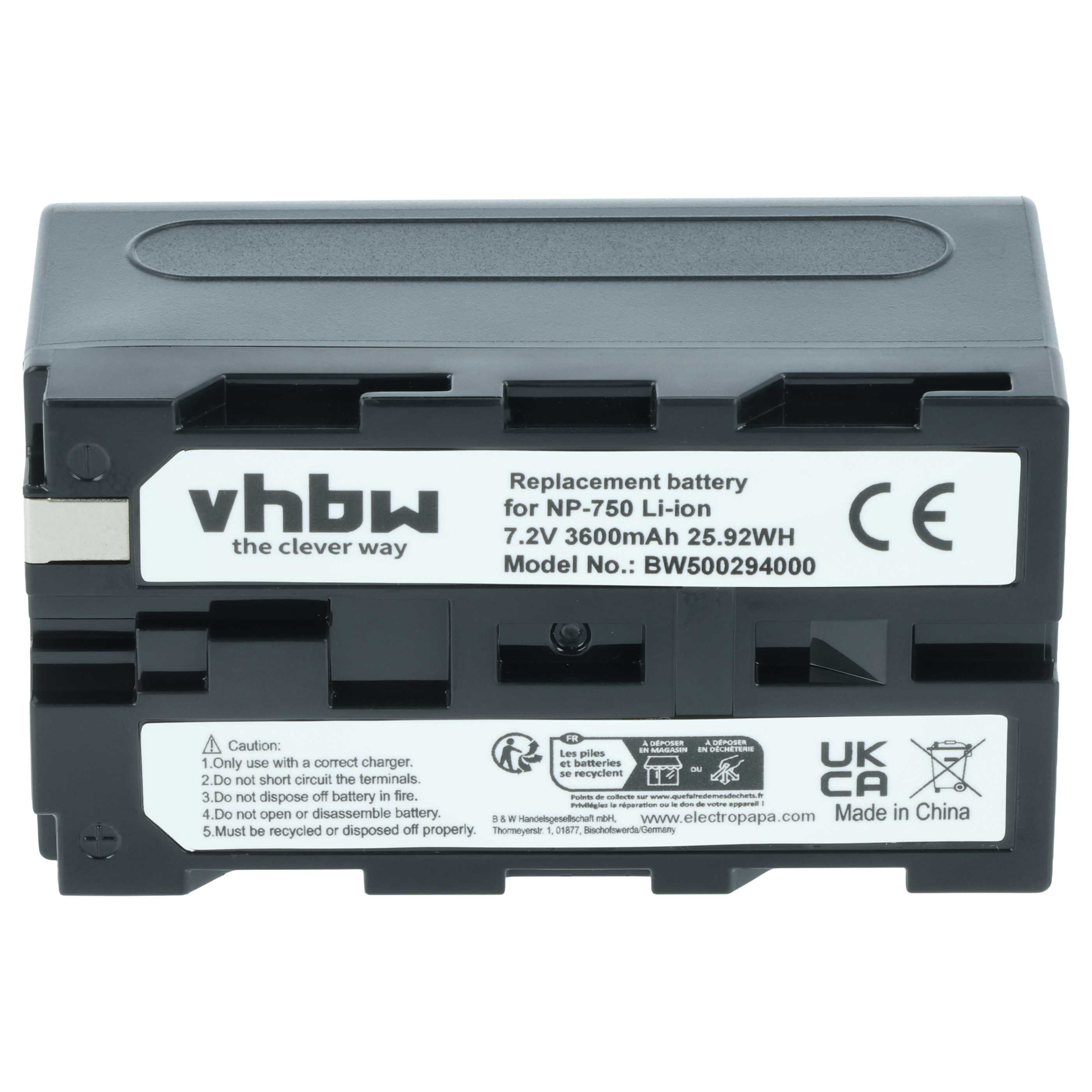 Ein schwarzer Akku mit weißem Text. Es steht 'vhbw the clever way' und 'Replacement battery'.