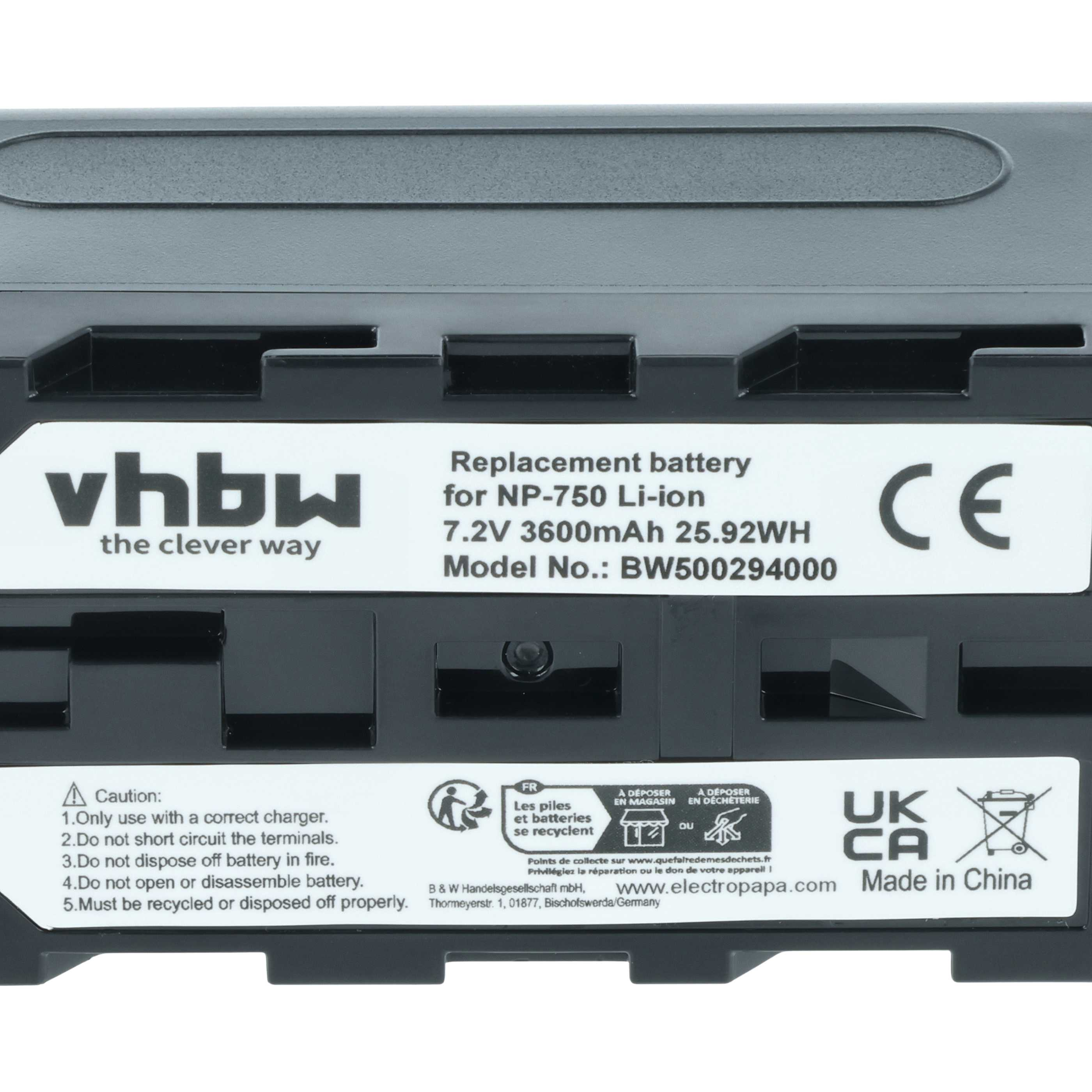 Ein schwarzer Akku mit weißen Etiketten, die die Marke vhbw, technische Daten und Recyclinganweisungen zeigen.