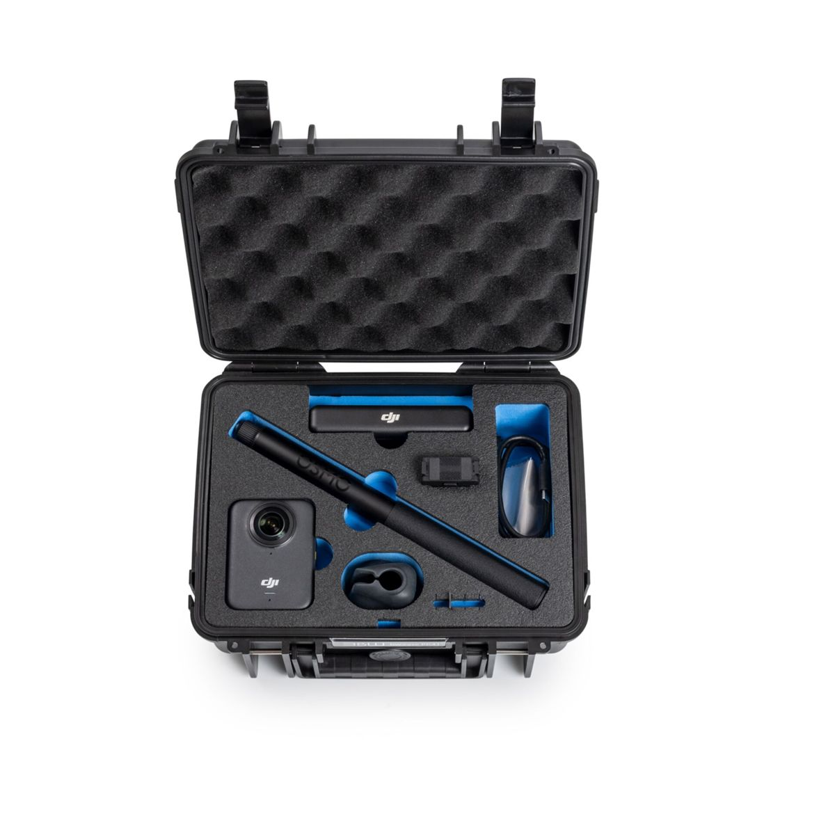 Offener schwarzer Koffer mit Kamera, Mikrofon und Zubehör. Blaue Schaumstoffpolsterung organisiert die Gegenstände. DJI-Logo sichtbar.