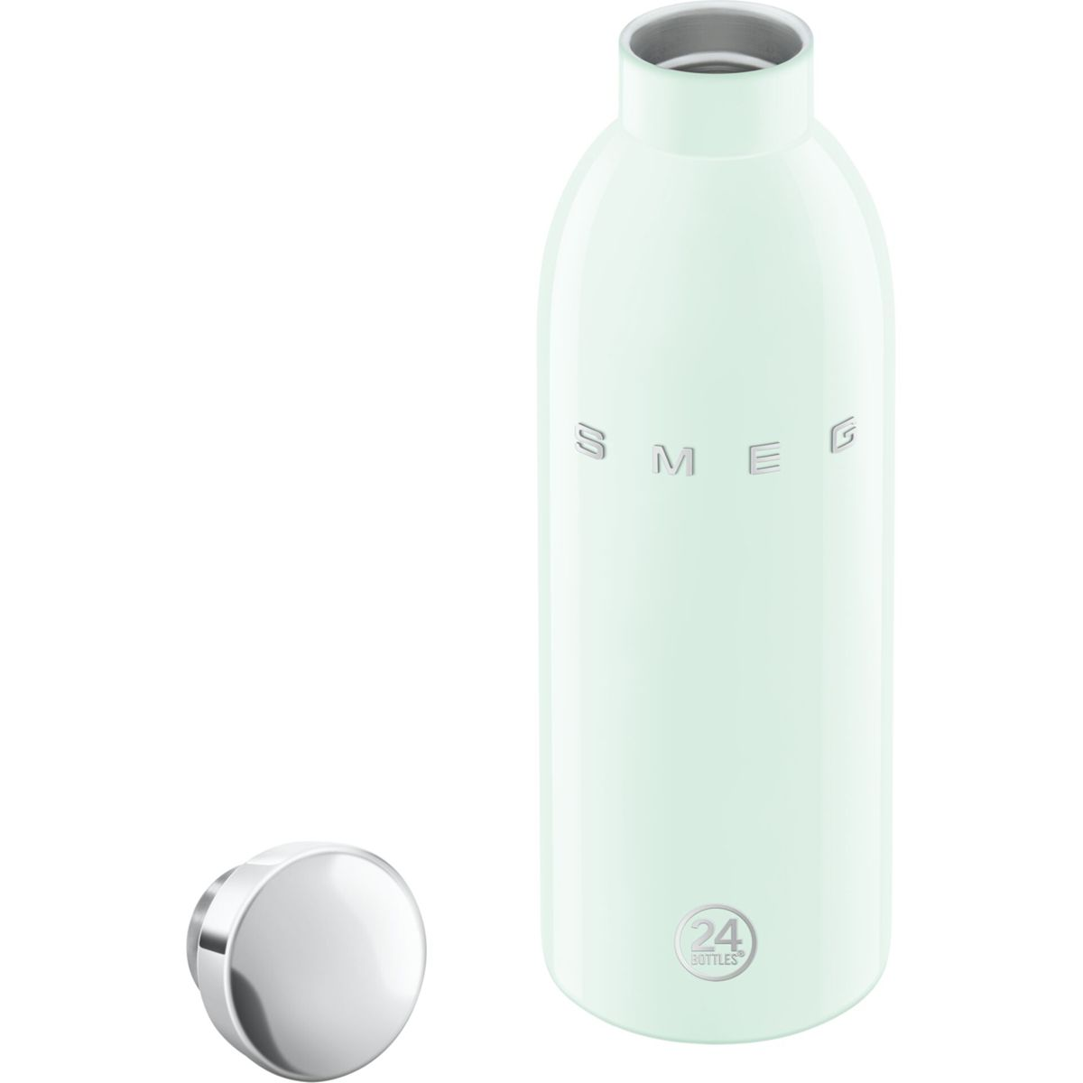 Eine mintgrüne SMEG-Wasserflasche mit einem silbernen Deckel daneben. Die Flasche hat den Markennamen und das Logo '24 bottles'.