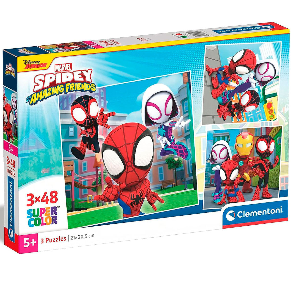 Puzzeldoos met Spidey en zijn Amazing Friends. Bevat afbeeldingen van Spidey, Ghost-Spider en Iron Man. De doos is rood, wit en blauw.