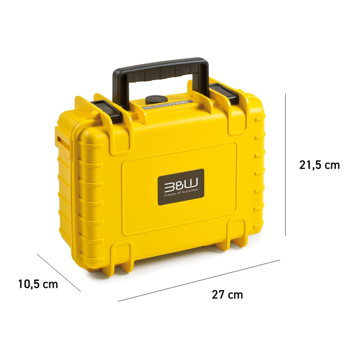 Ein gelber Koffer mit schwarzem Griff. Abmessungen: 27 cm x 21,5 cm x 10,5 cm. Auf dem Koffer steht '36UW Cases of Success'.