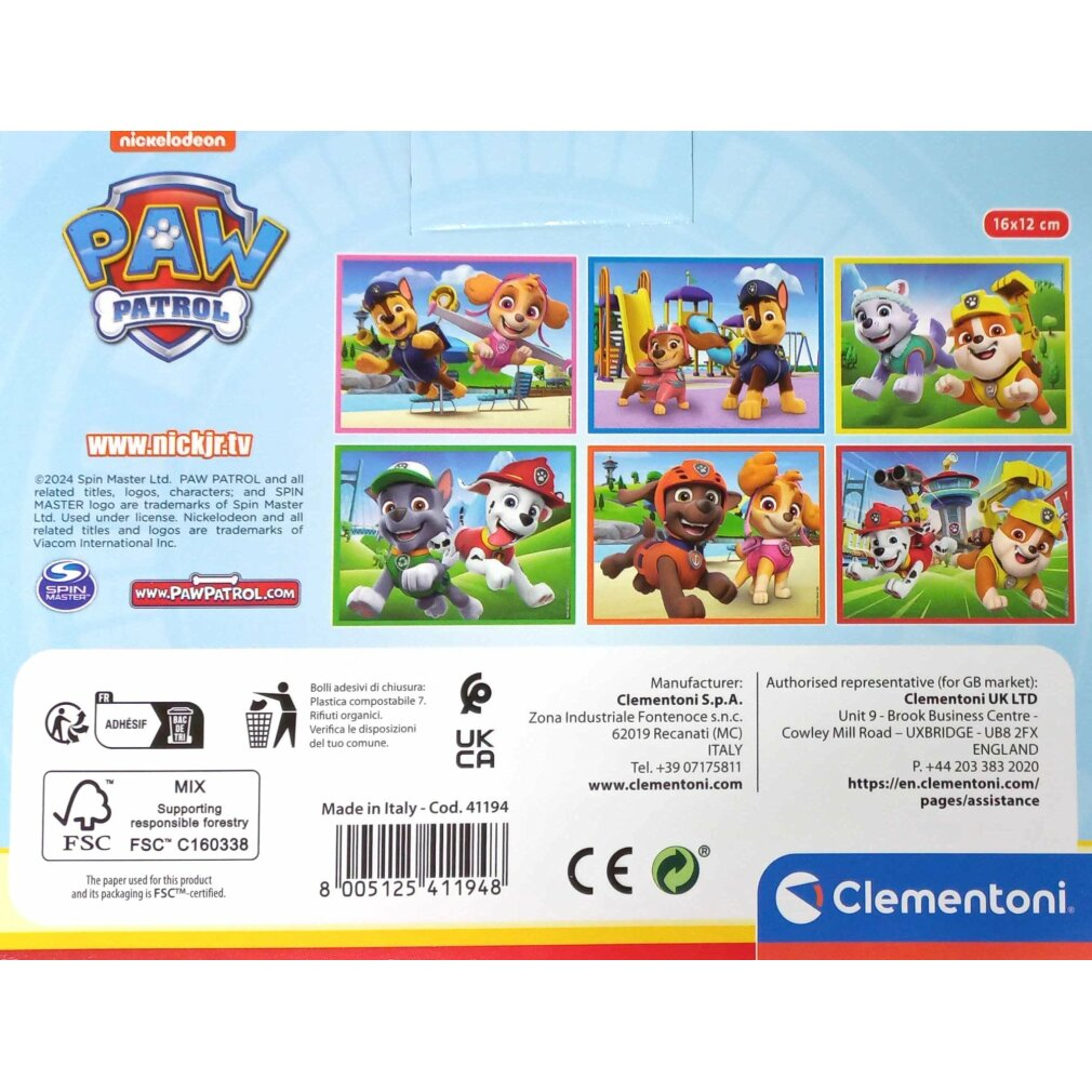 Scatola PAW Patrol con cuccioli dei cartoni animati sul davanti, logo Nickelodeon e dettagli del prodotto. Include etichette FSC e CE.
