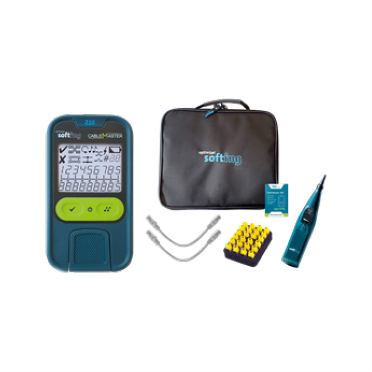 Ein Kabeltester-Kit mit einem digitalen Gerät, einer schwarzen Tasche, Kabeln, einem gelb-schwarzen Block und einem blauen Werkzeug. Der Hintergrund ist weiß.