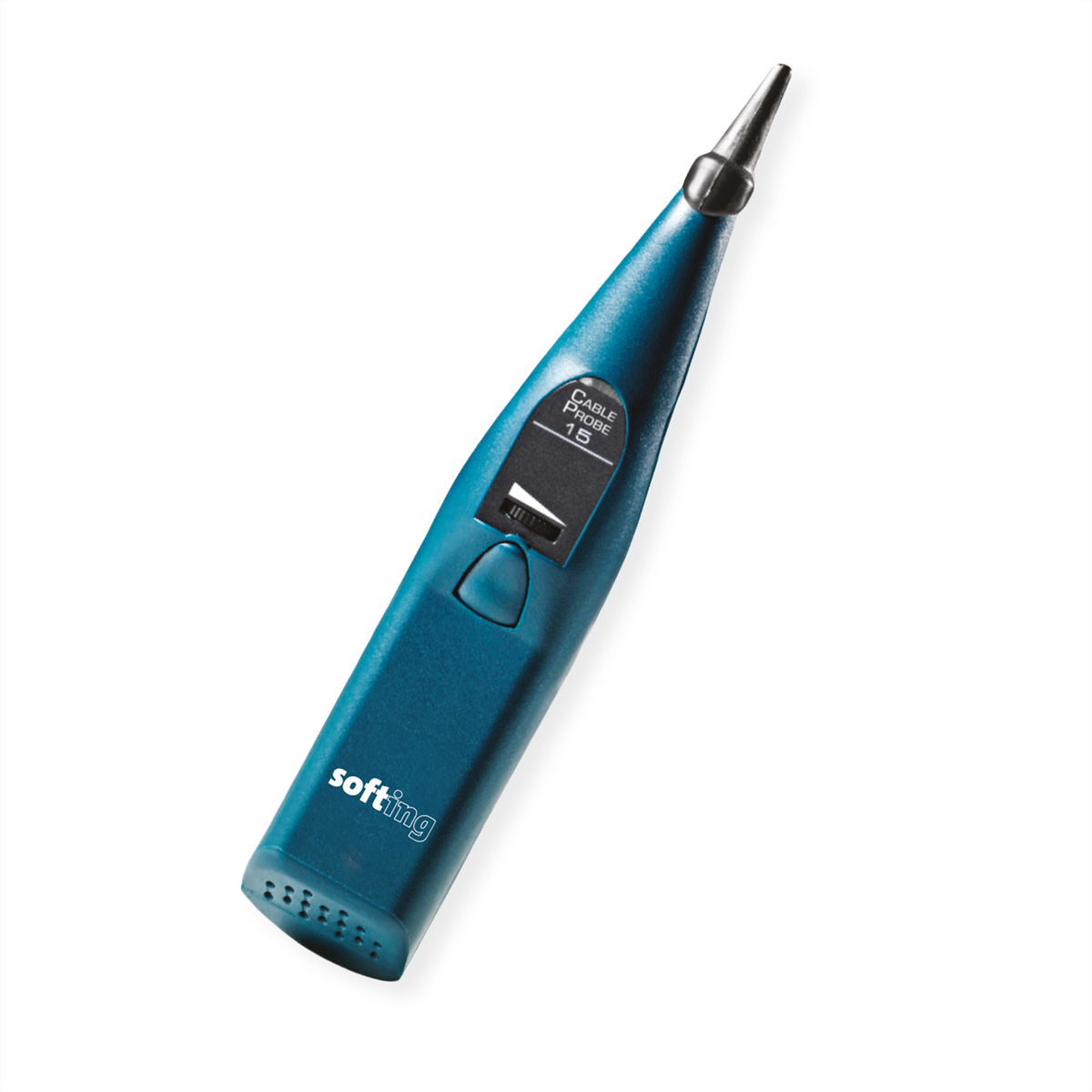 Ein blaues Kabelprüfwerkzeug mit silberner Spitze und dem Aufdruck 'softing'. Es hat eine schwarze Anzeige mit 'CABLE PROBE 15'.
