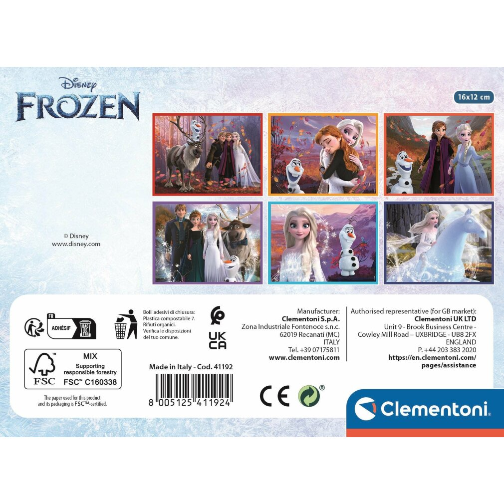 Scatola puzzle di Frozen. Presenta personaggi come Elsa, Anna e Olaf. Include dettagli del prodotto e informazioni sul produttore.