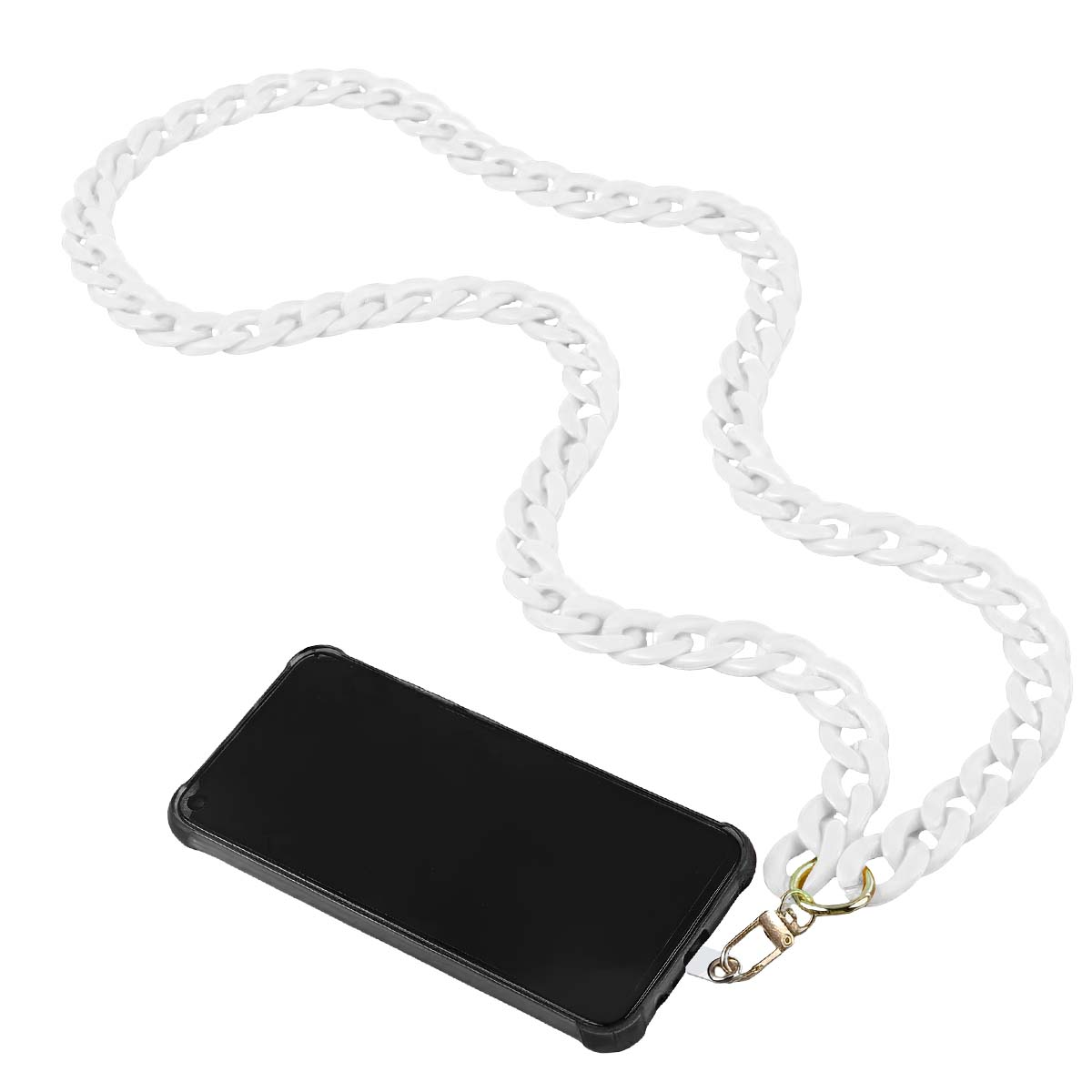 Un cinturino bianco a catena per telefono è attaccato a un telefono nero. La catena è collegata e ha una chiusura e un anello dorati.