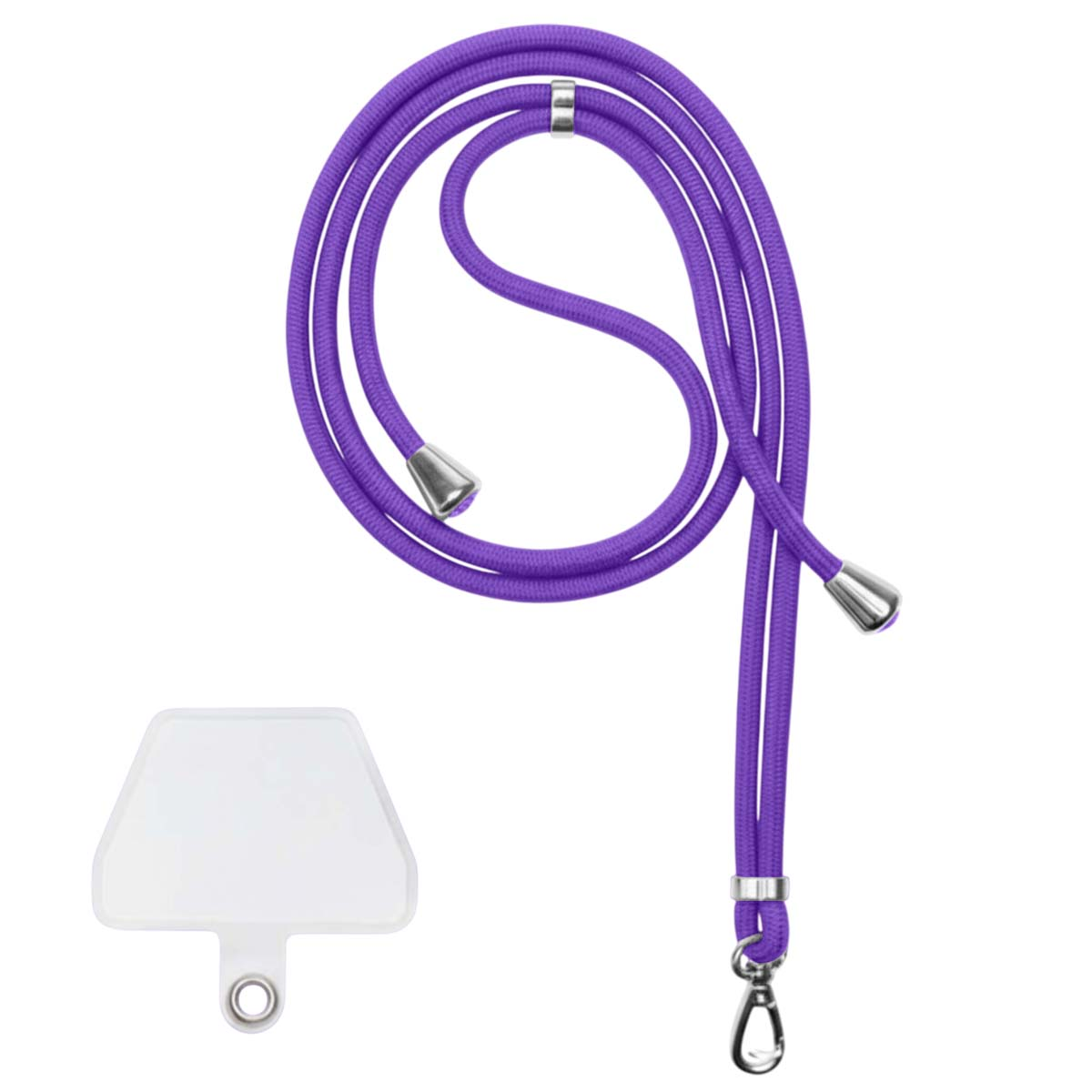 Ein lila Telefon-Lanyard mit Metallakzenten und einem Clip. Ein weißer, rechteckiger Telefonhalter ist ebenfalls vorhanden.