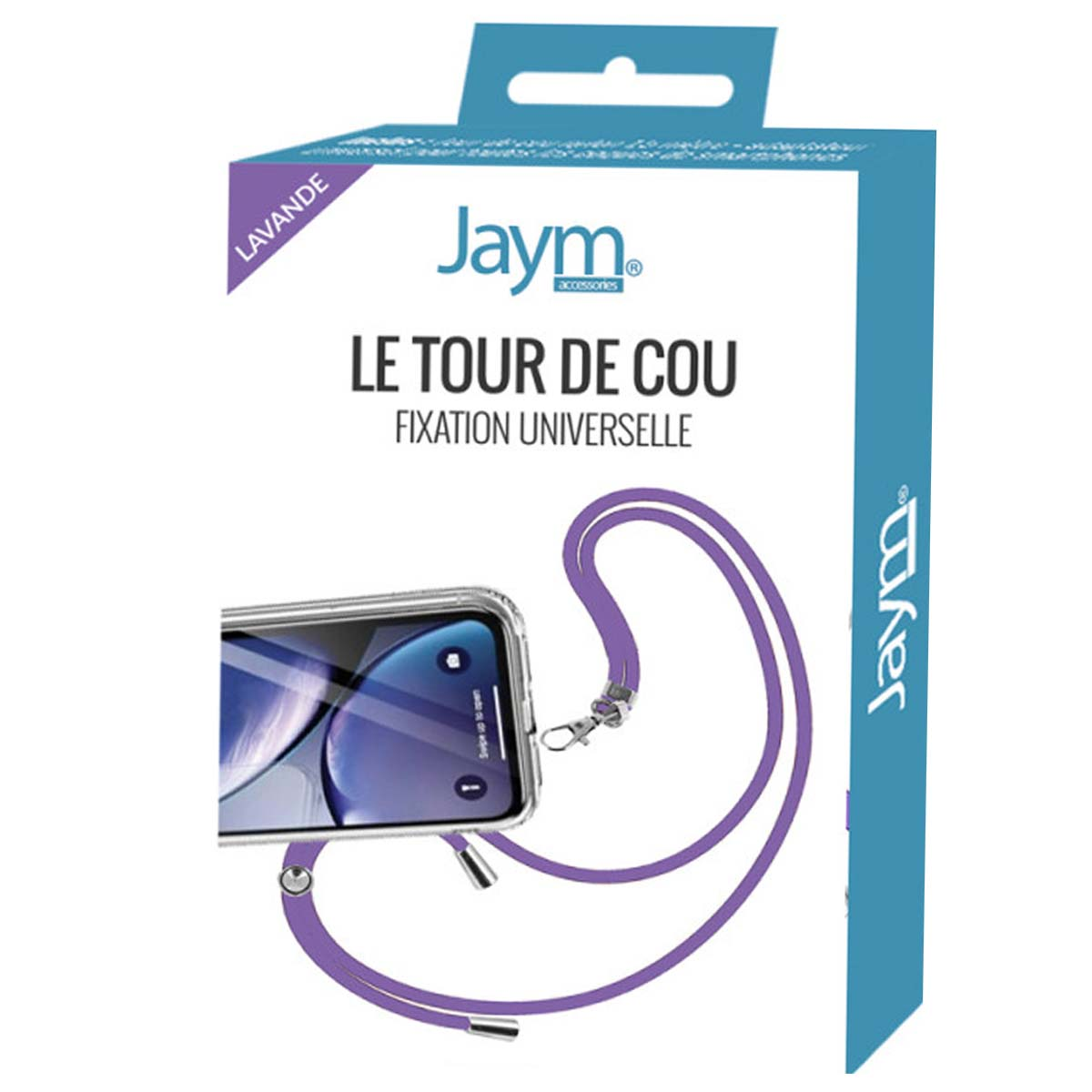 Eine Handyhülle mit einem lila Schlüsselband. Auf der Verpackung steht 'Le tour de cou' und 'Jaym accessories'. Das Telefon zeigt einen Sperrbildschirm.