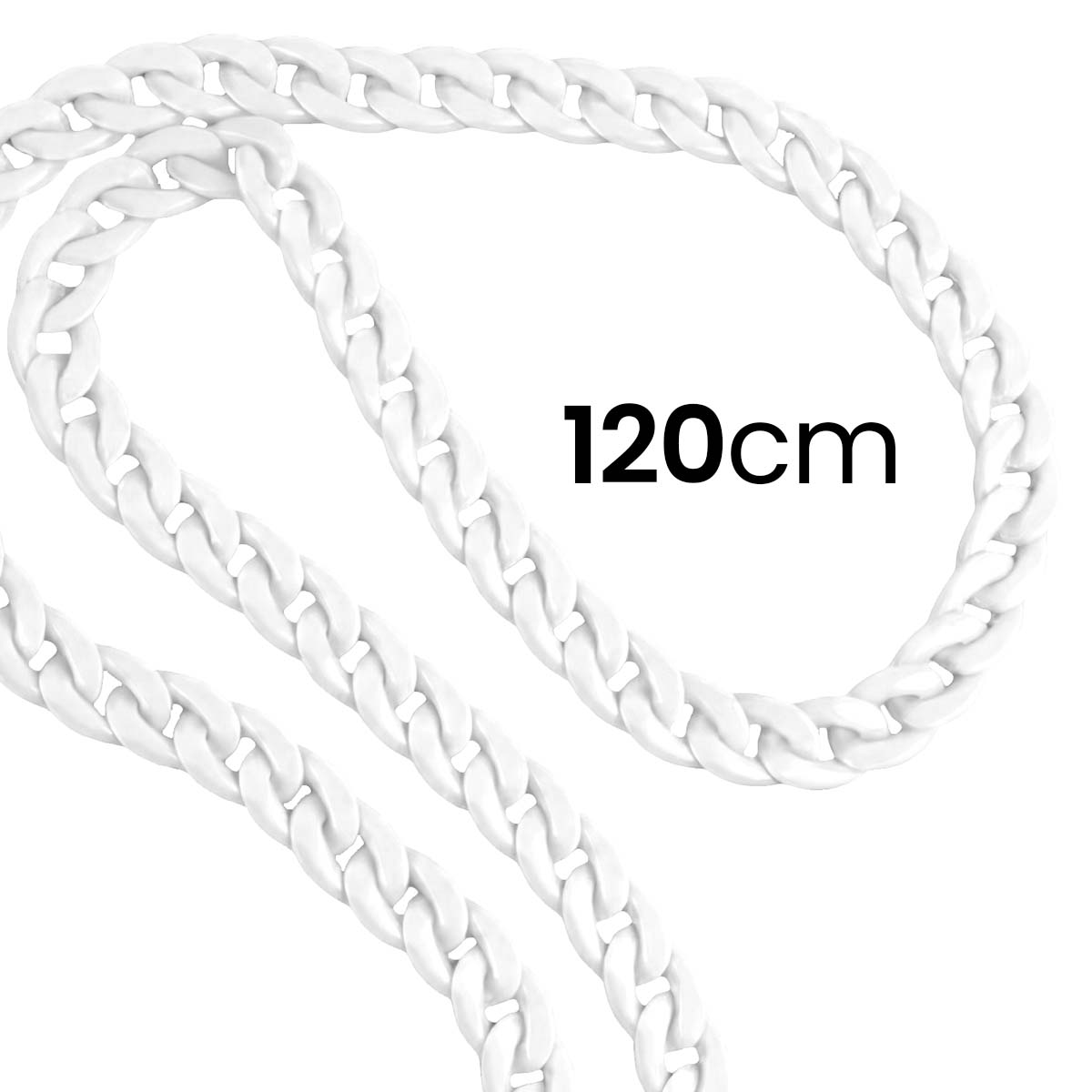 Collana a catena bianca con testo 120cm. La collana è composta da maglie grandi e si trova su sfondo bianco.
