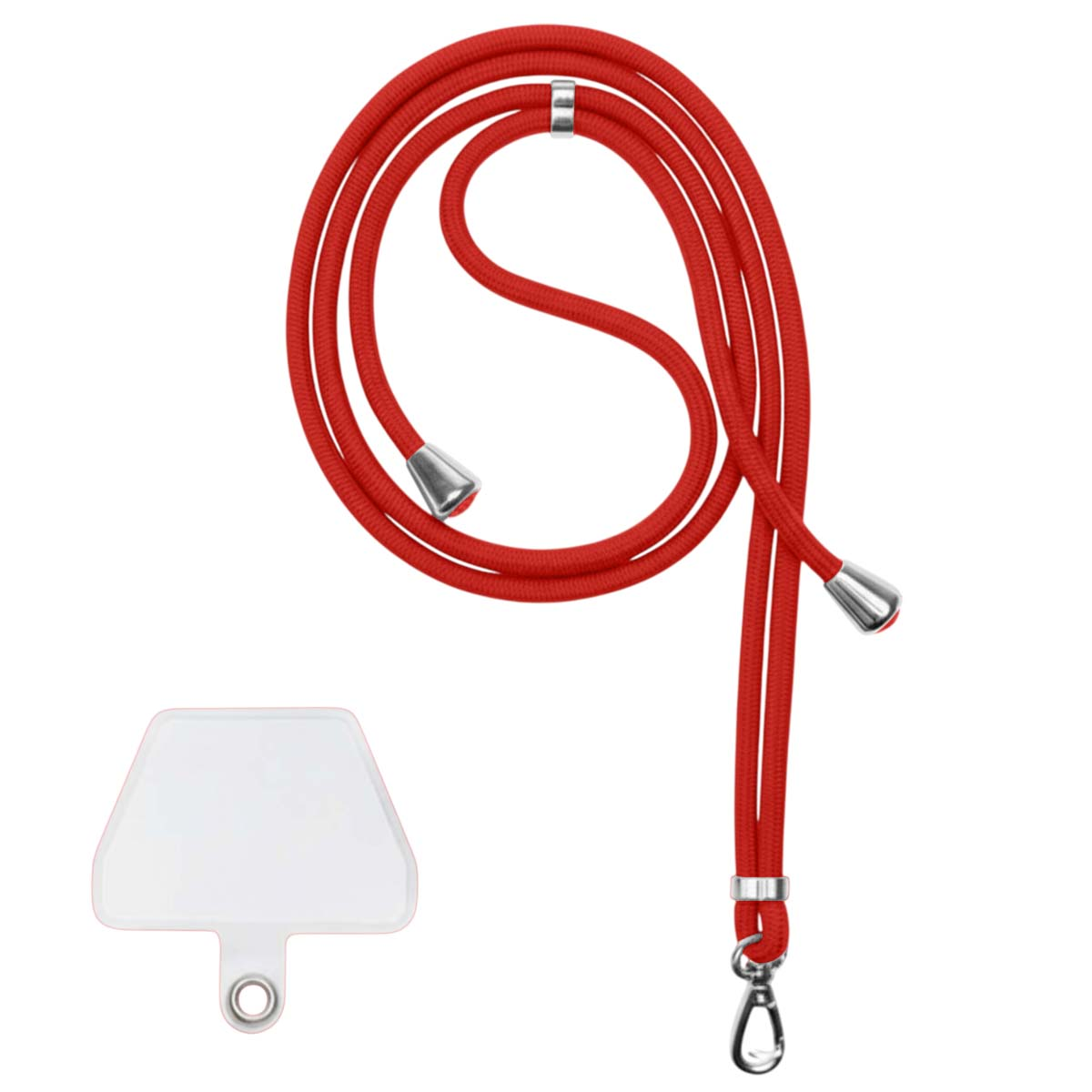 Laccetto rosso per telefono con chiusura in metallo e supporto bianco per telefono. Il laccetto è ad anello. Lo sfondo è bianco.