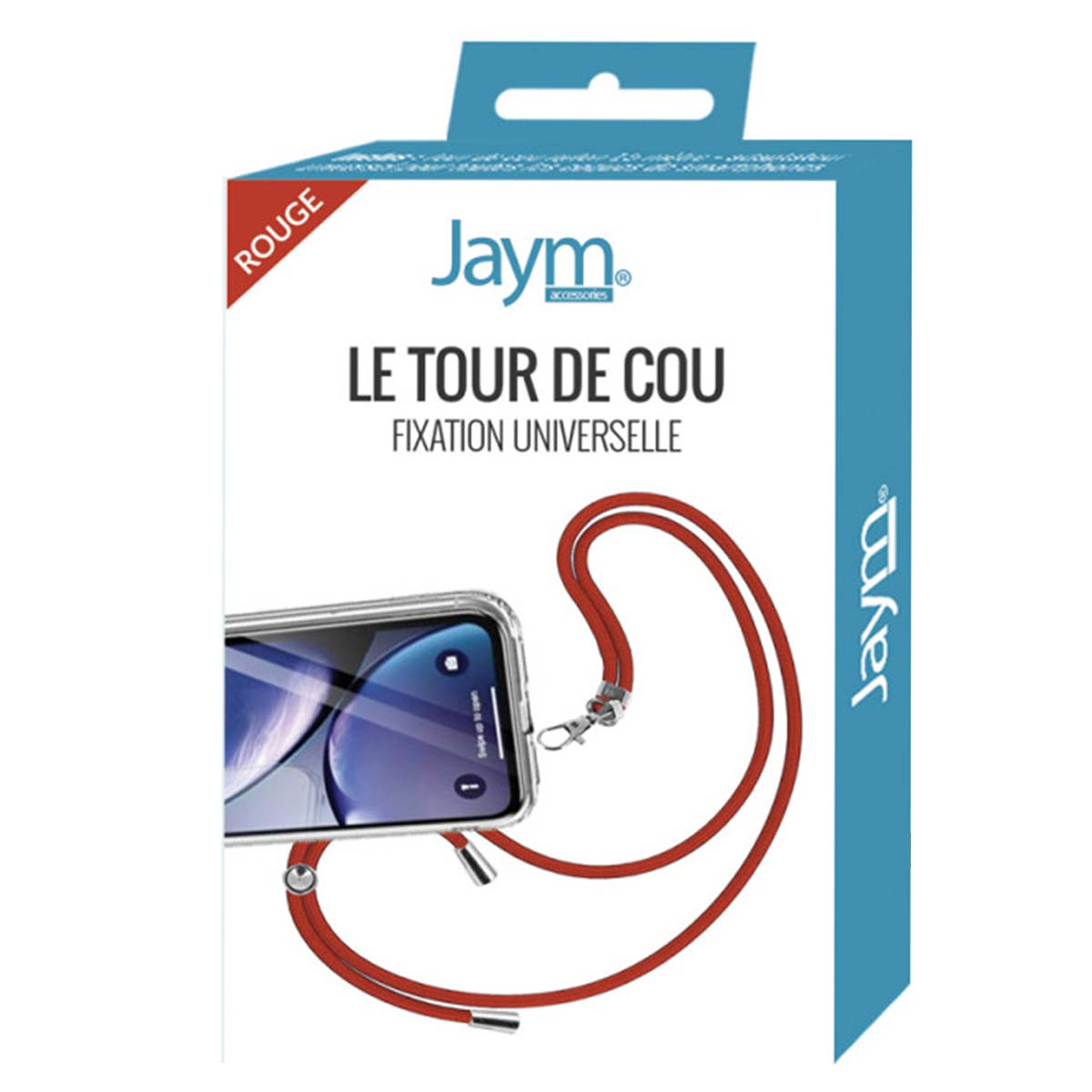 Laccetto da collo per telefono in scatola. Cinturino rosso con chiusura argentata e custodia per telefono. Testo: Le tour de cou, Fixation Universelle e Jaym accessories.