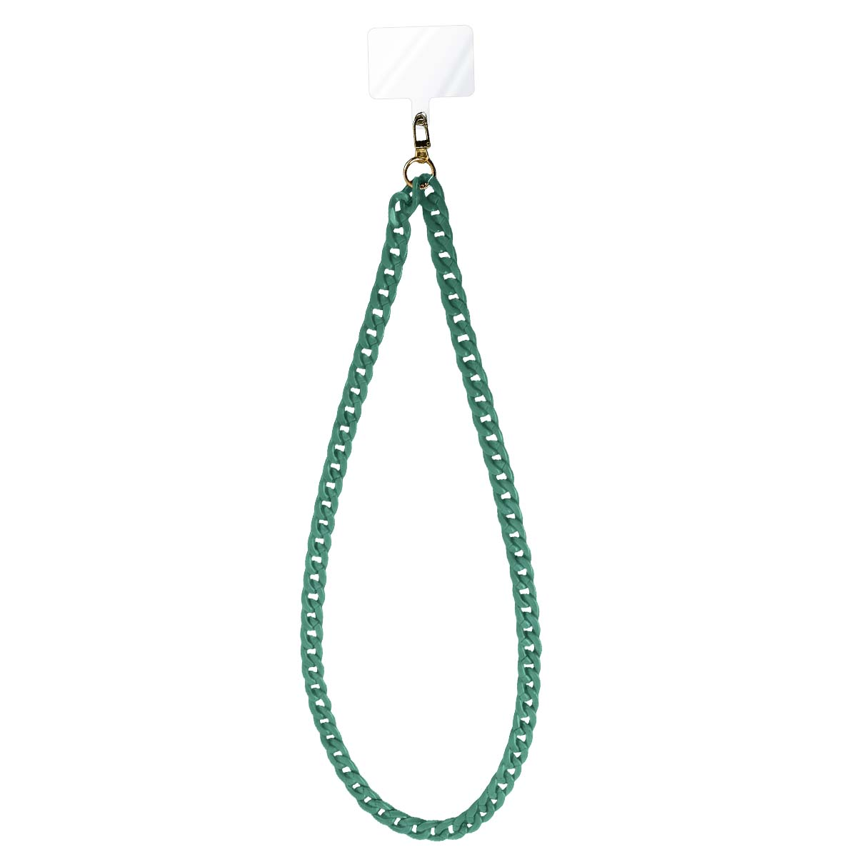 Un cinturino verde a catena per telefono è appeso a un rettangolo di plastica trasparente. Un fermaglio dorato collega il cinturino alla plastica.