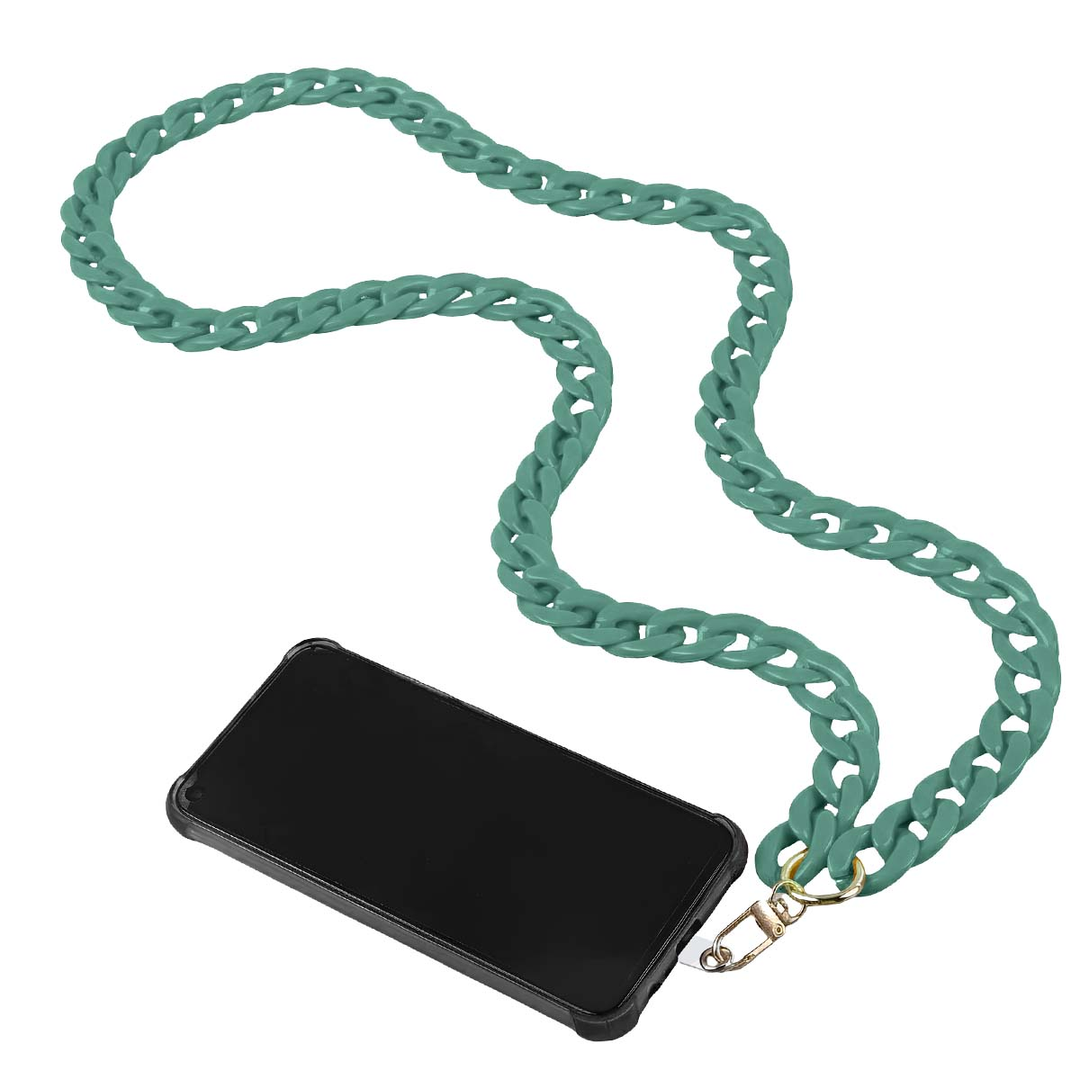 Uno smartphone in una custodia nera è appeso a una catena verde acqua. La catena è collegata alla custodia con un fermaglio dorato.