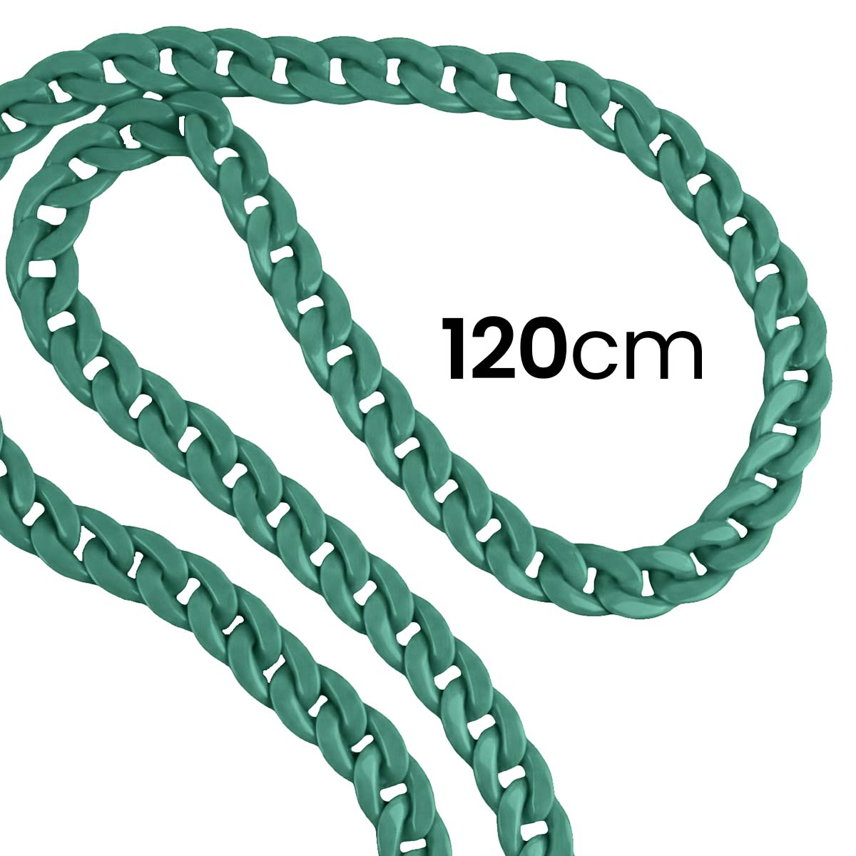 Una catena verde acqua con testo 120 cm è visualizzata su sfondo bianco. La catena è composta da maglie ovali.