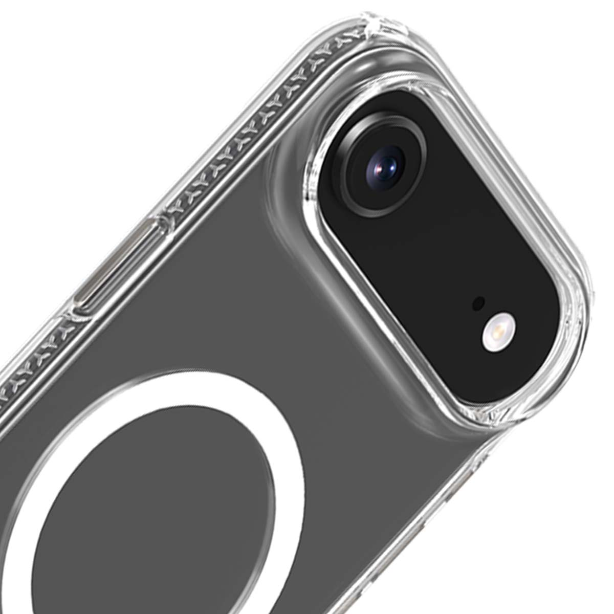 Primer plano de una funda transparente para teléfono. Una lente de cámara negra es visible. La funda tiene un círculo blanco en la parte trasera.