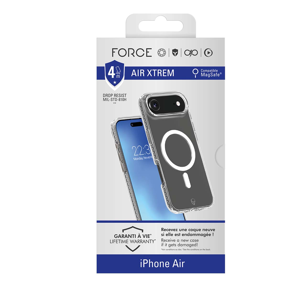 Un paquete de funda de teléfono. Muestra una funda transparente con un teléfono dentro. El paquete tiene texto como "AIR XTREM" y "MagSafe Compatible".
