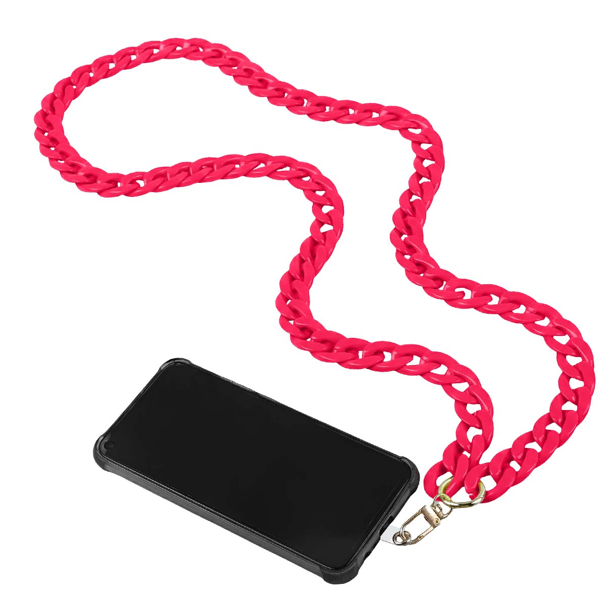 Uno smartphone in una custodia nera è appeso a una catena rosa. La catena è collegata con un fermaglio dorato.