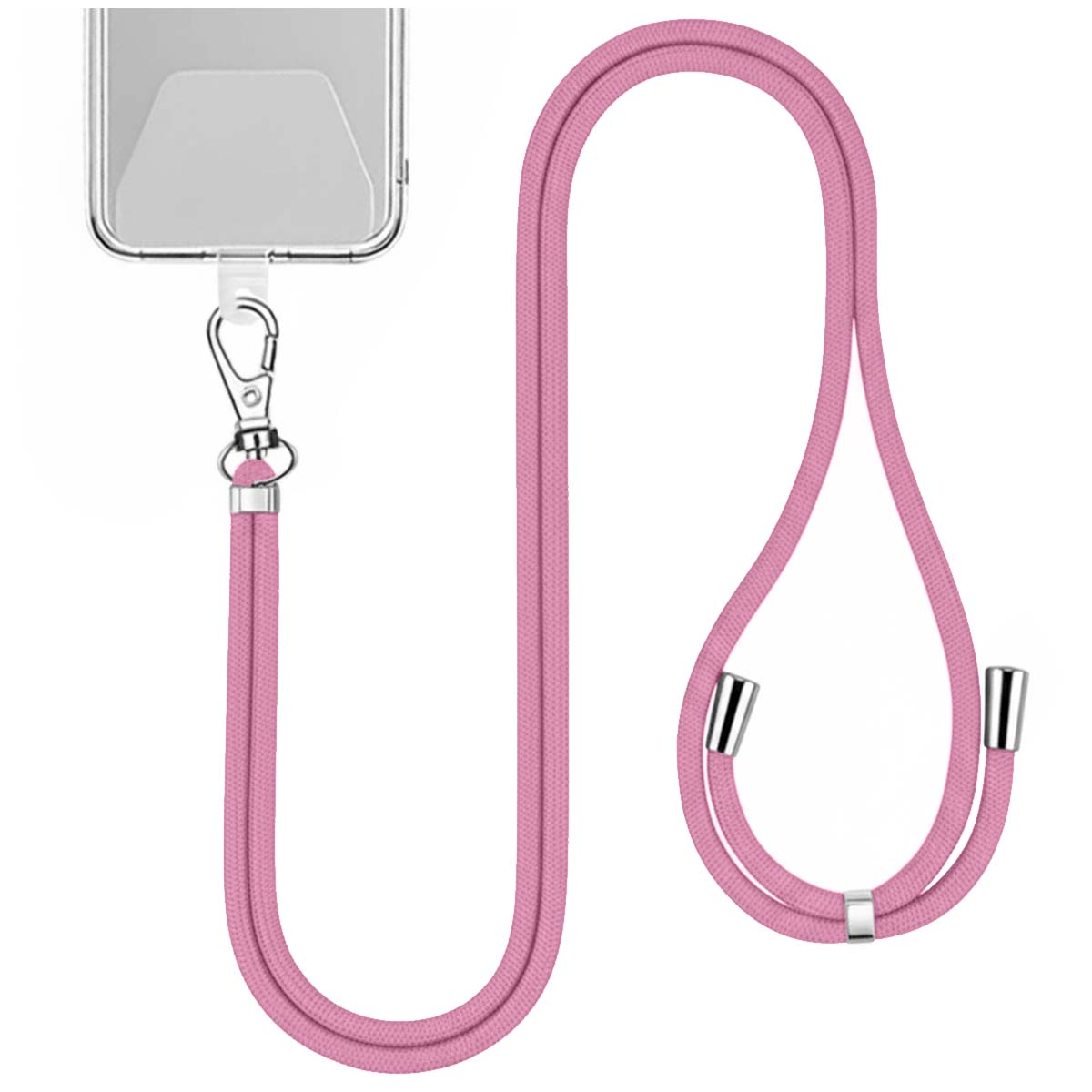 Ein pinkfarbenes Handy-Umhängeband mit einer durchsichtigen Handyhülle. Es hat einen silbernen Verschluss und Akzente.
