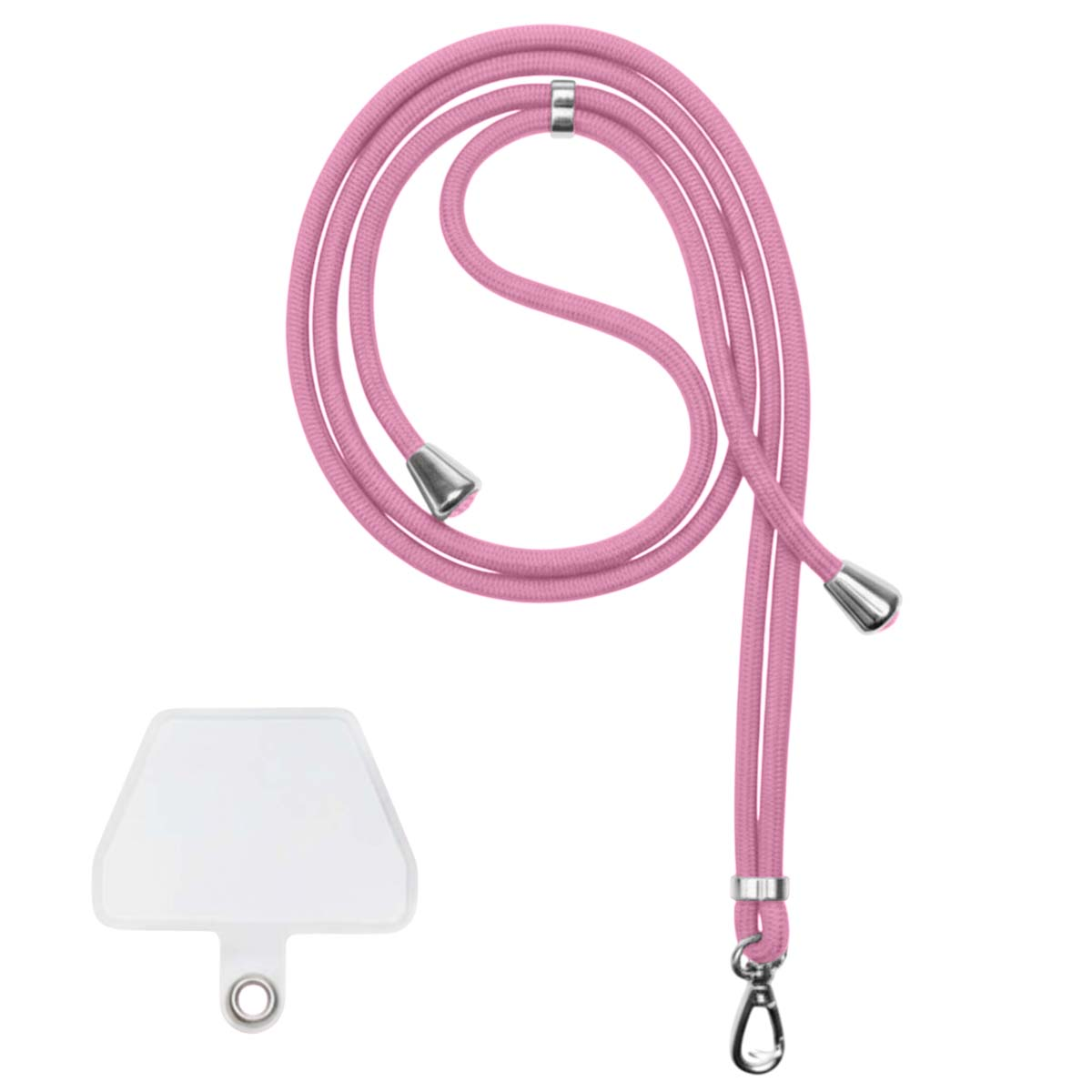 Ein pinkfarbenes Handy-Umhängeband mit Silberverschluss und einem transparenten Handyhalter auf weißem Hintergrund.
